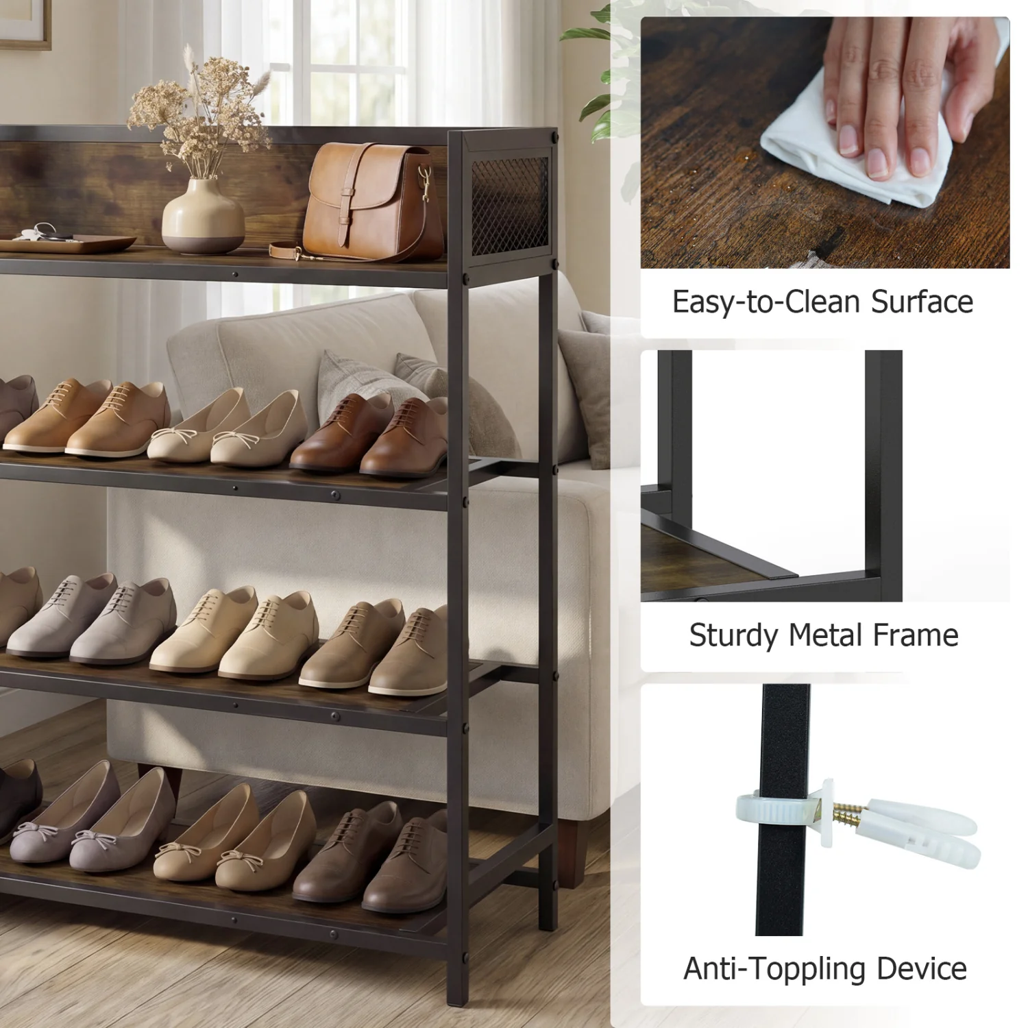 4-Tier Shoe Rack, Industrial Metal Frame, Rustic Brown - Image 9