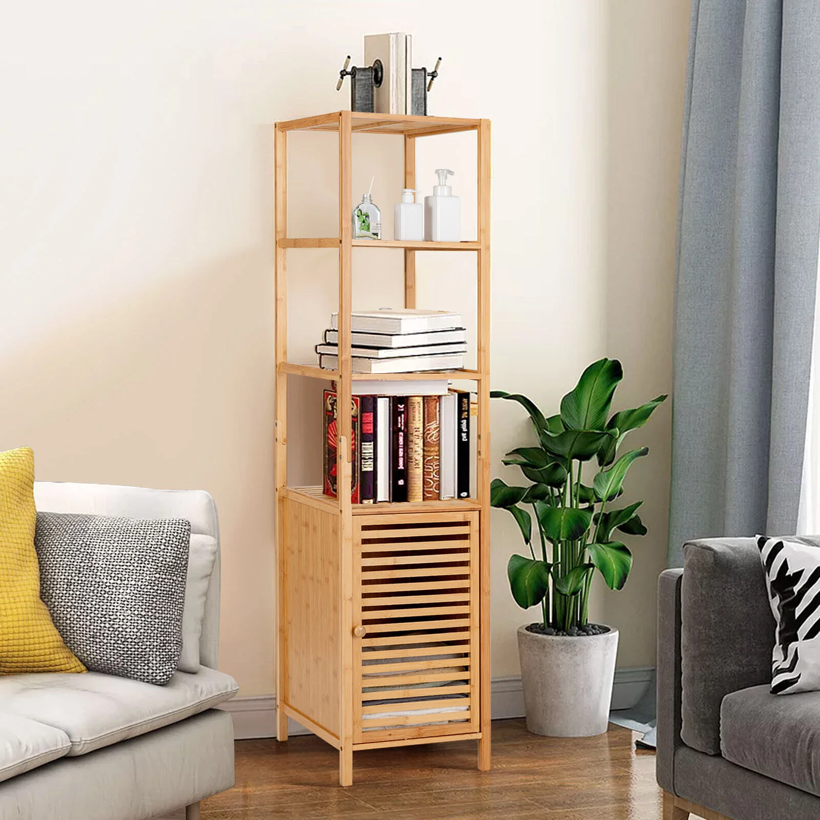 4-Tier Slim Bamboo Storage Cabinet, Shutter Door, Anti-Toppling Device, Natural - Image 2