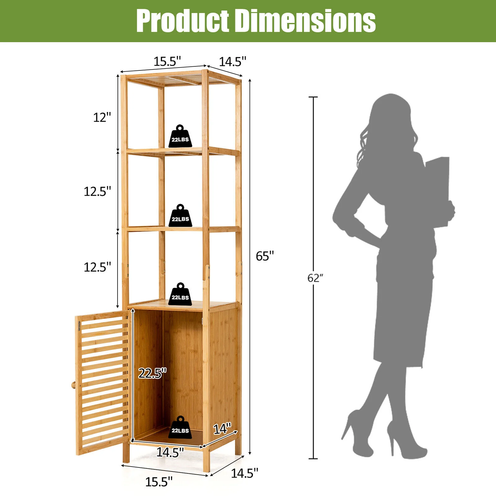 4-Tier Slim Bamboo Storage Cabinet, Shutter Door, Anti-Toppling Device, Natural - Image 5