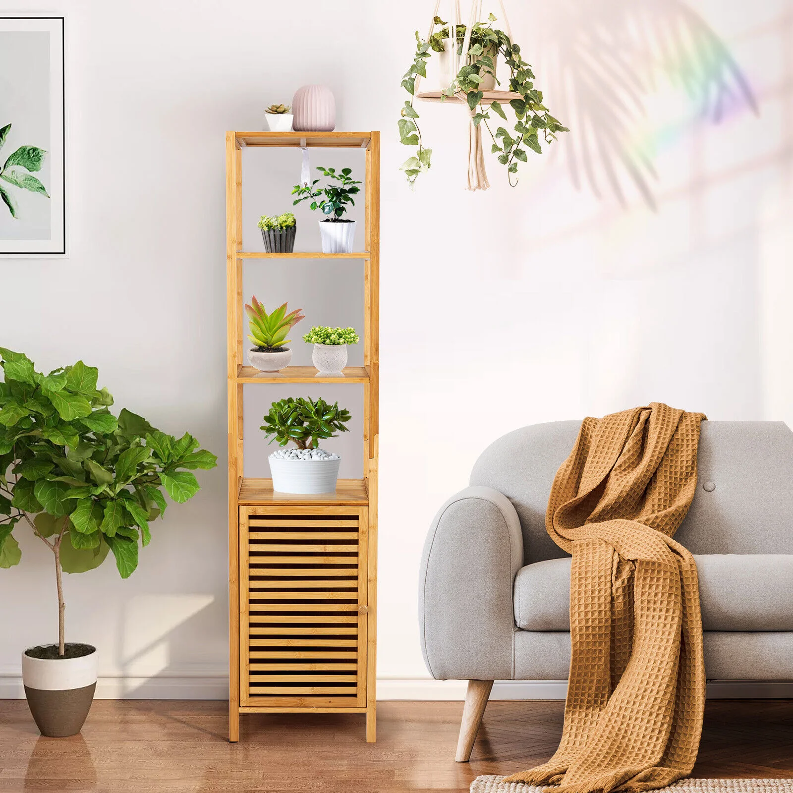 4-Tier Slim Bamboo Storage Cabinet, Shutter Door, Anti-Toppling Device, Natural - Image 7