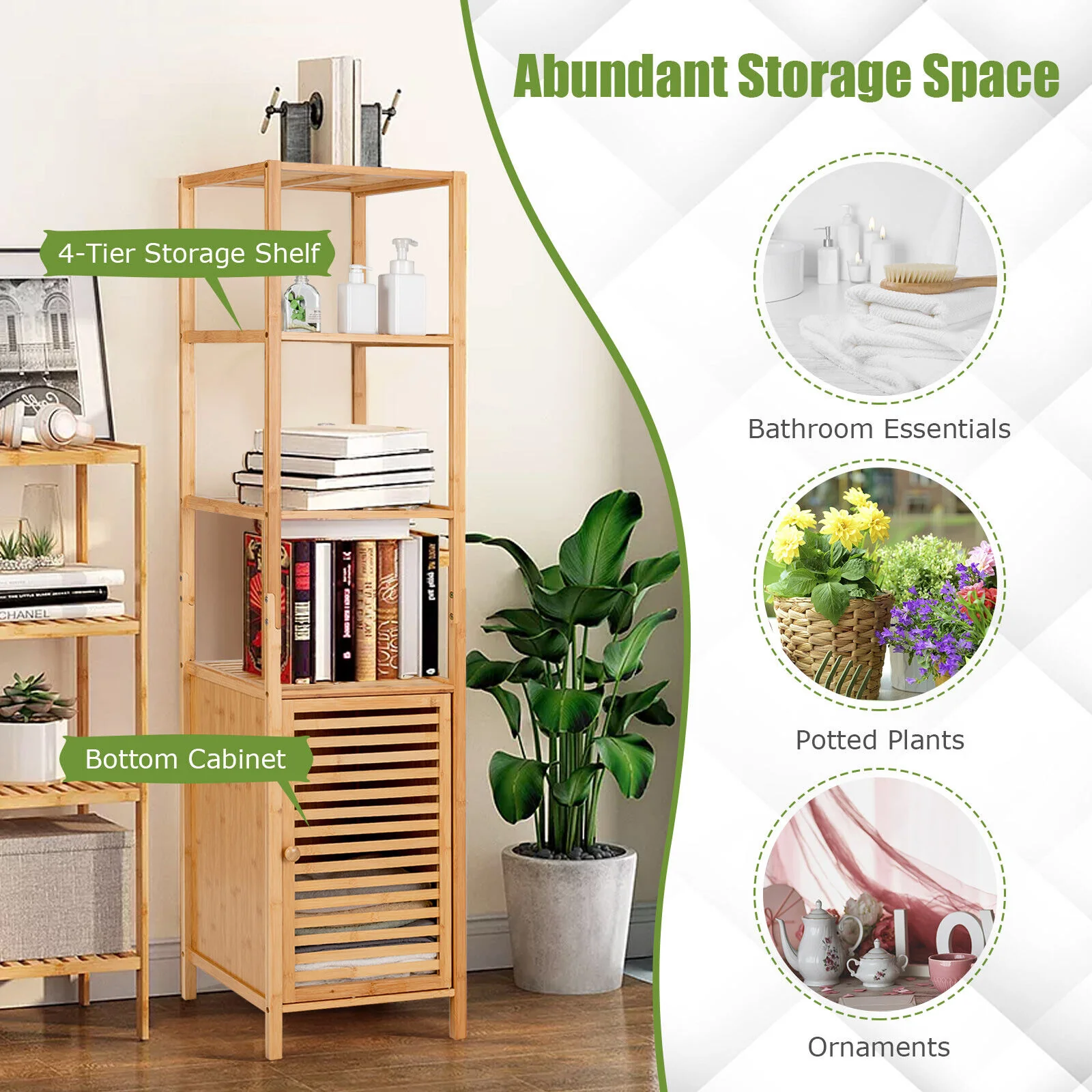 4-Tier Slim Bamboo Storage Cabinet, Shutter Door, Anti-Toppling Device, Natural - Image 8