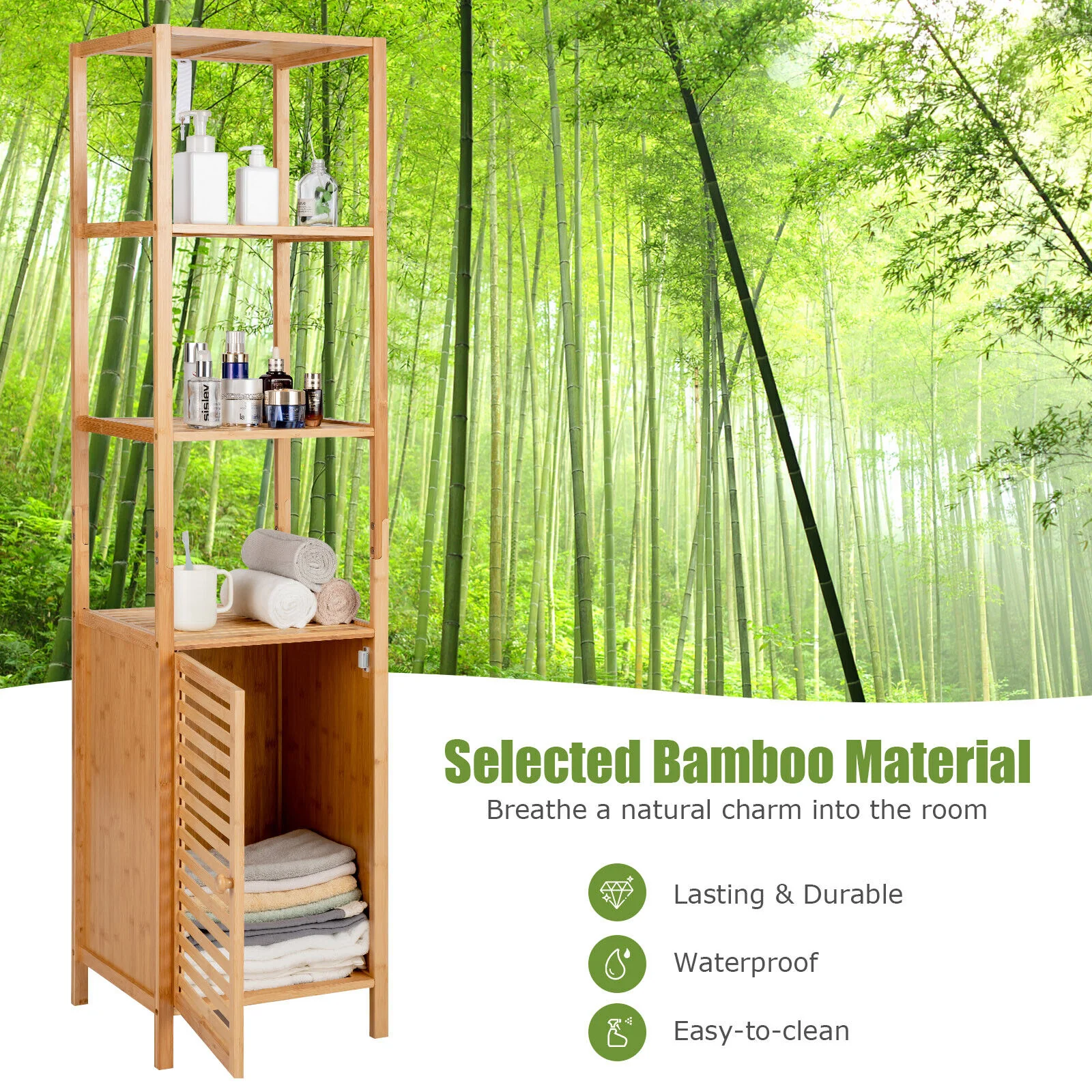 4-Tier Slim Bamboo Storage Cabinet, Shutter Door, Anti-Toppling Device, Natural - Image 9