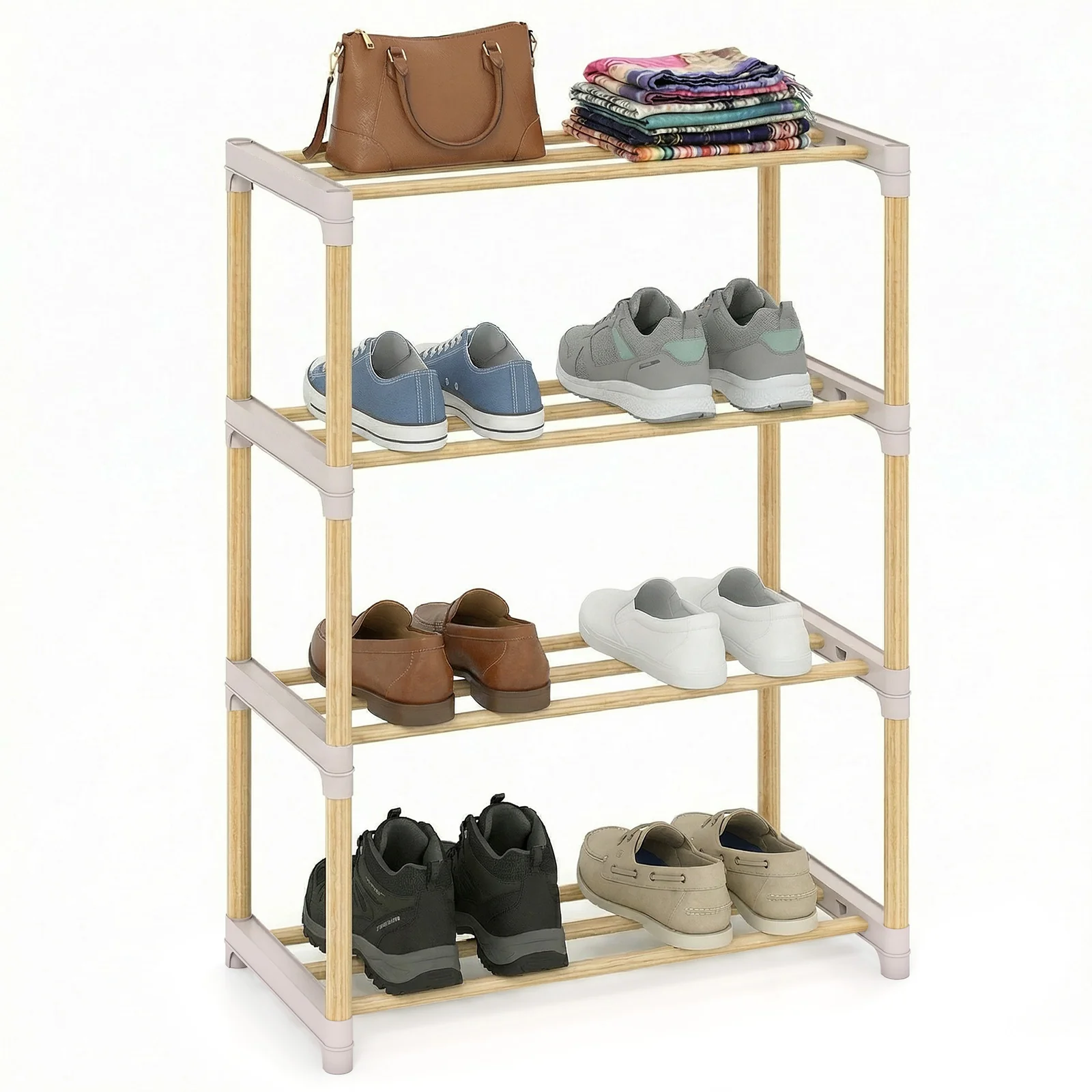 4-Tier Solid Wood Shoe Rack, Slatted Open Shelves, Gray