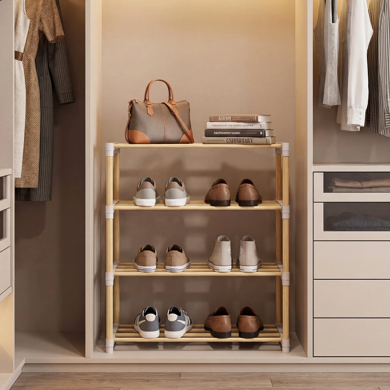 4-Tier Solid Wood Shoe Rack, Slatted Open Shelves, Gray - Image 3