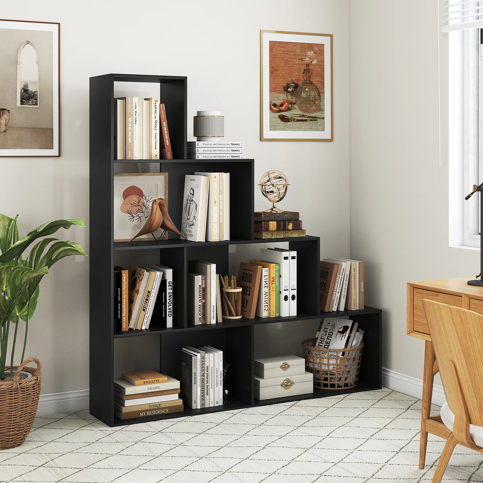 4-Tier Stepped Bookshelf, 6 Storage Cubes, Black - Image 2