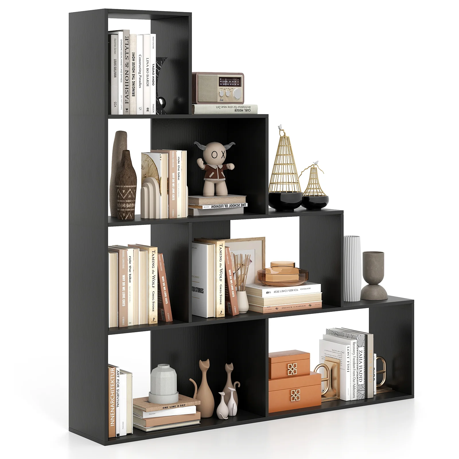 4-Tier Stepped Bookshelf, 6 Storage Cubes, Black - Image 5