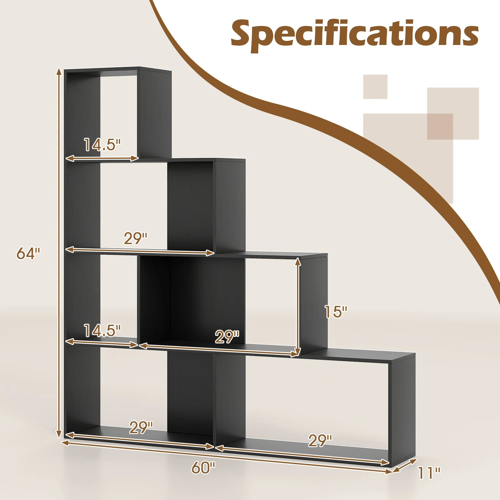 4-Tier Stepped Bookshelf, 6 Storage Cubes, Black - Image 6