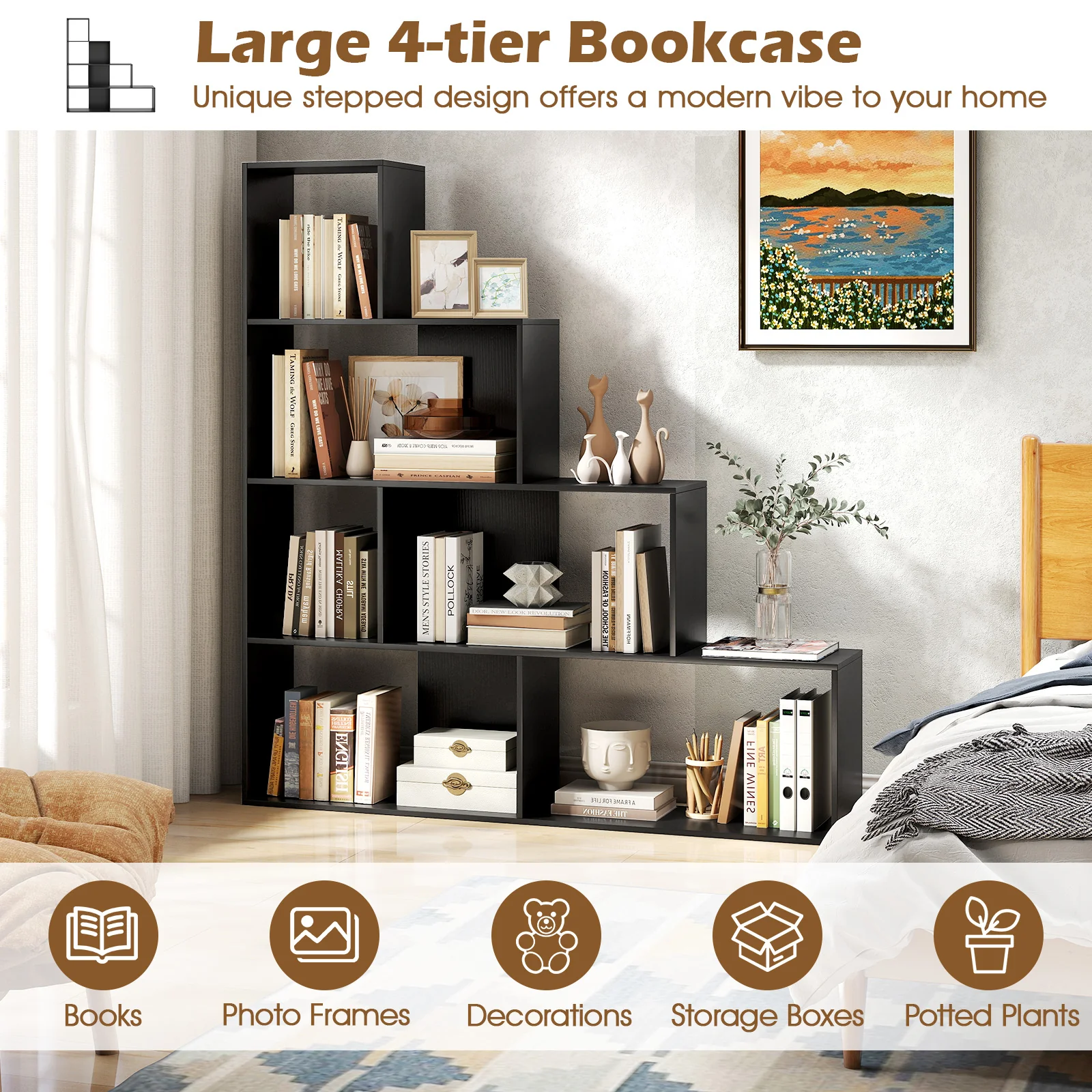 4-Tier Stepped Bookshelf, 6 Storage Cubes, Black - Image 7