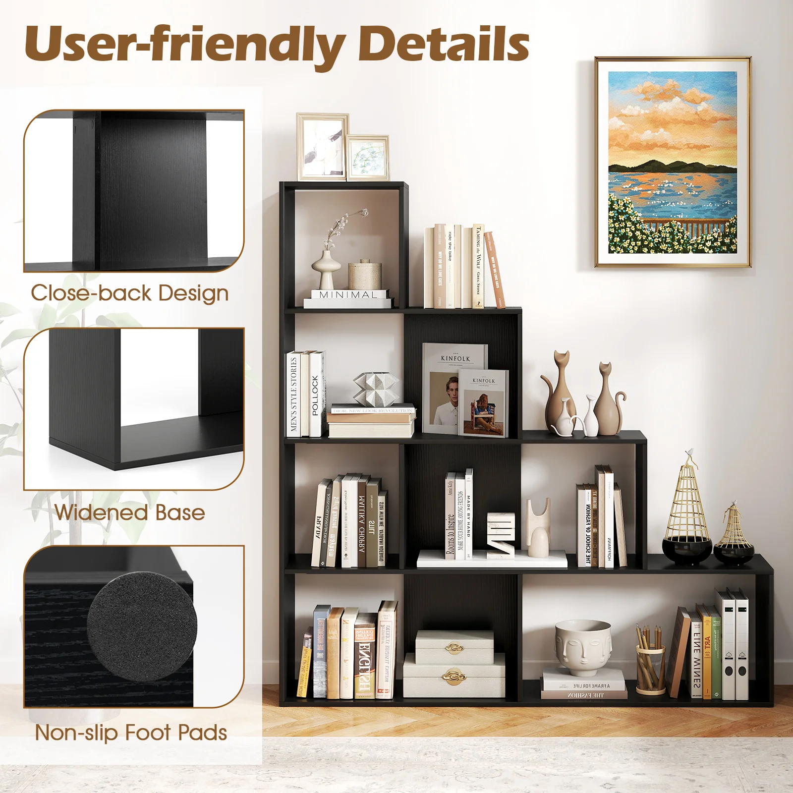 4-Tier Stepped Bookshelf, 6 Storage Cubes, Black - Image 8