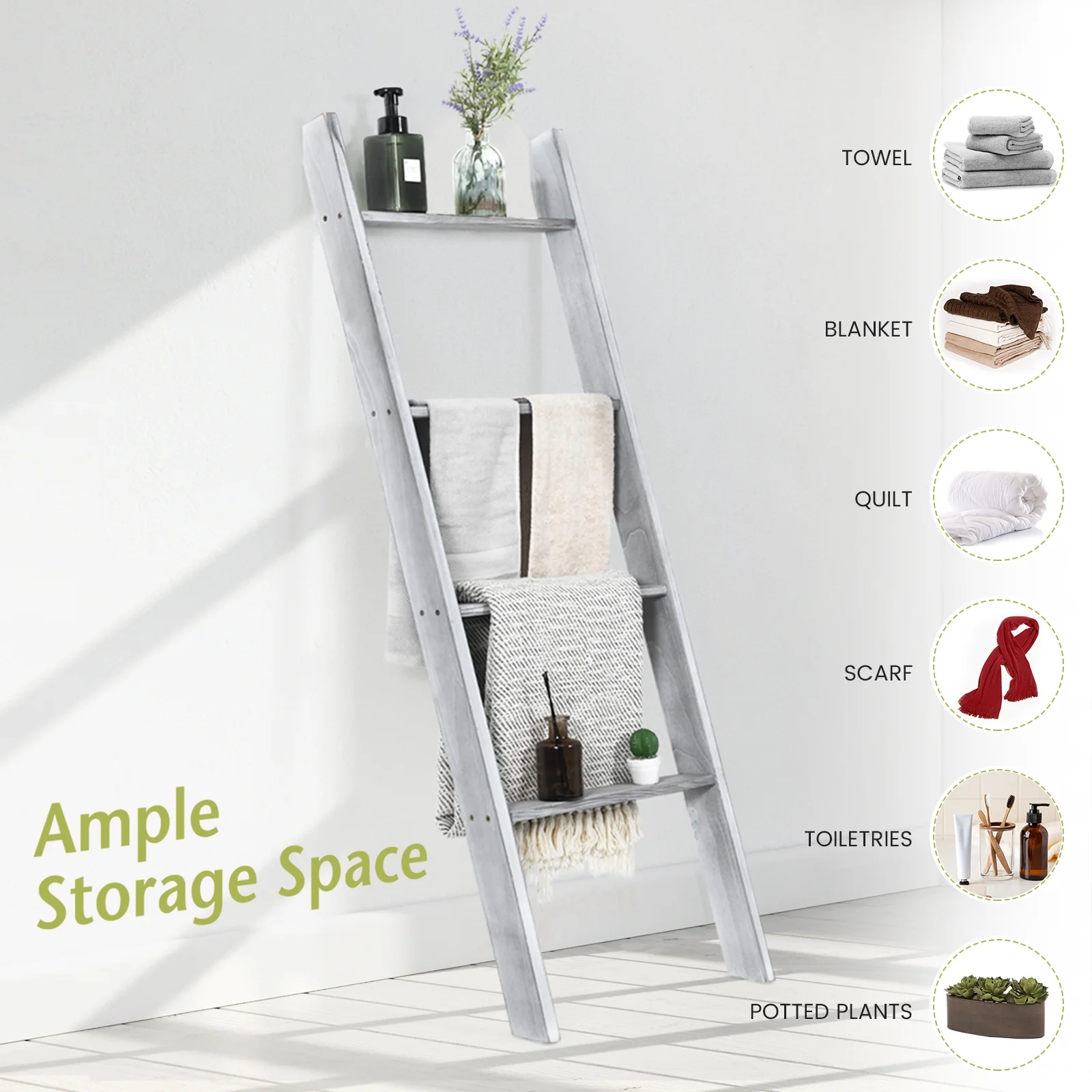 4-Tier Wall Leaning Ladder Shelf Stand, Gray - Image 3