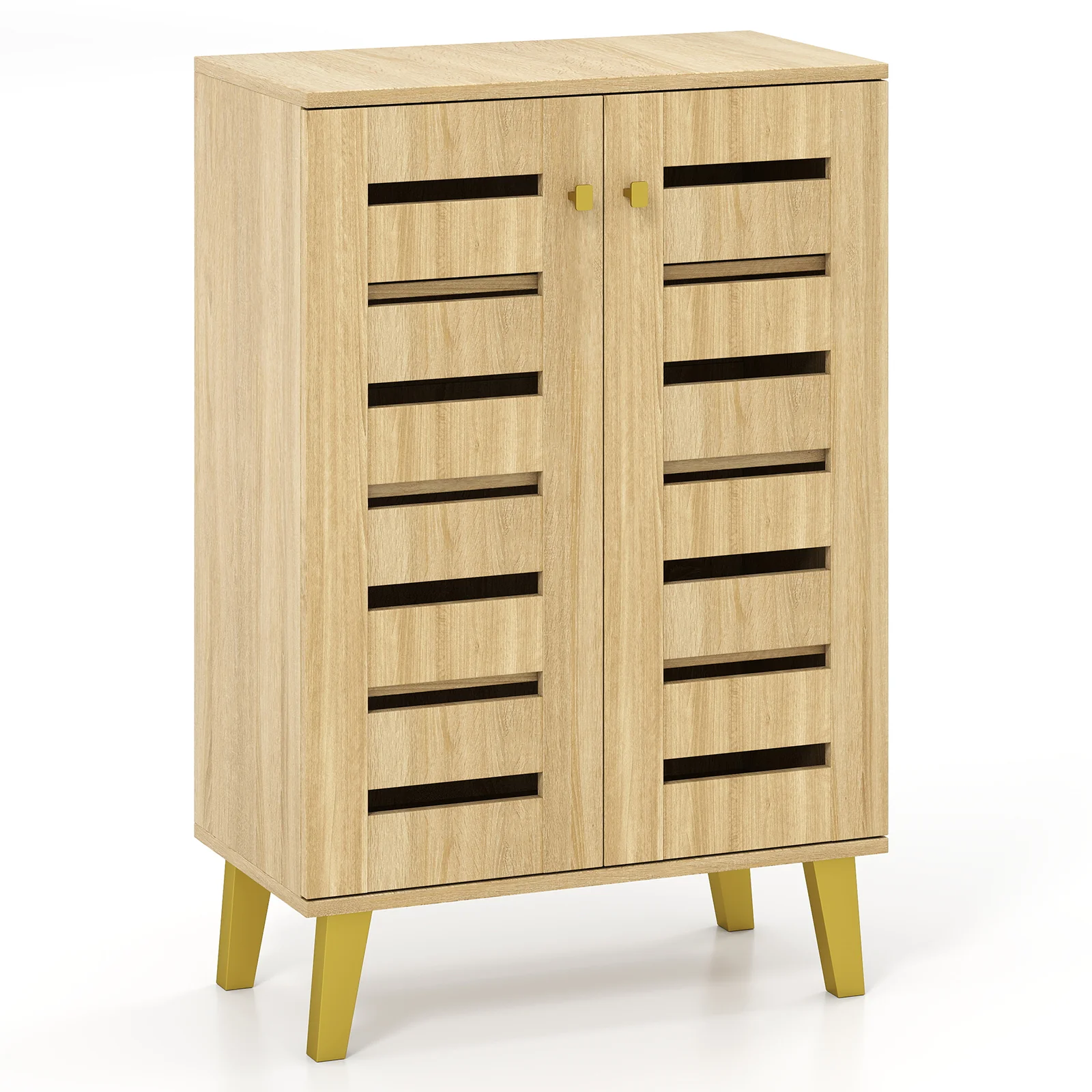 4-Tier Wooden Shoe Cabinet With Doors, Removable Shelves, Oak