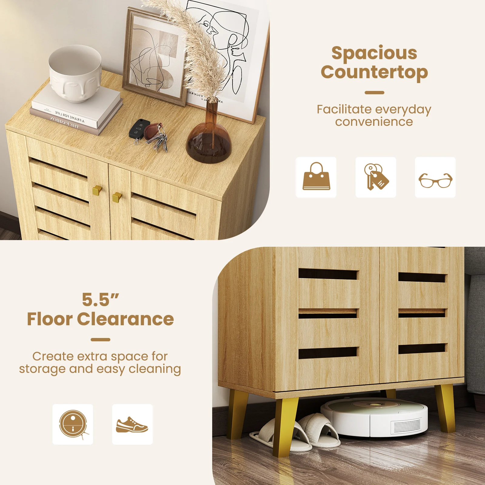 4-Tier Wooden Shoe Cabinet With Doors, Removable Shelves, Oak - Image 10