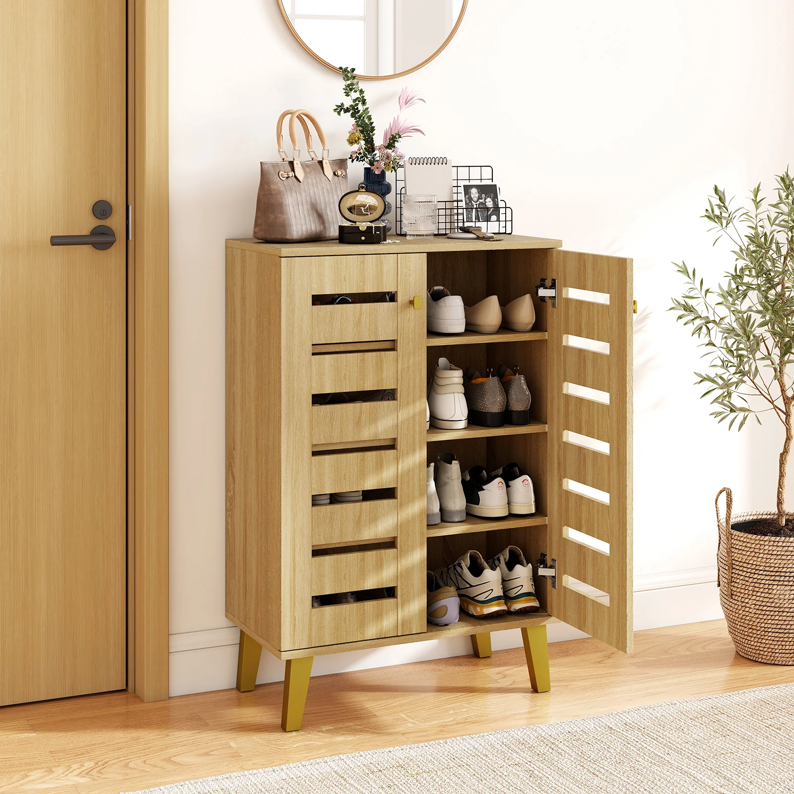 4-Tier Wooden Shoe Cabinet With Doors, Removable Shelves, Oak - Image 2