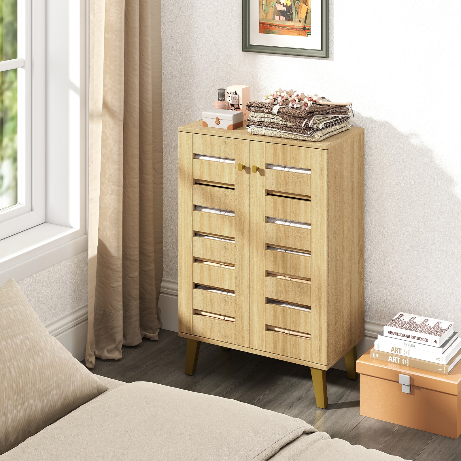 4-Tier Wooden Shoe Cabinet With Doors, Removable Shelves, Oak - Image 3