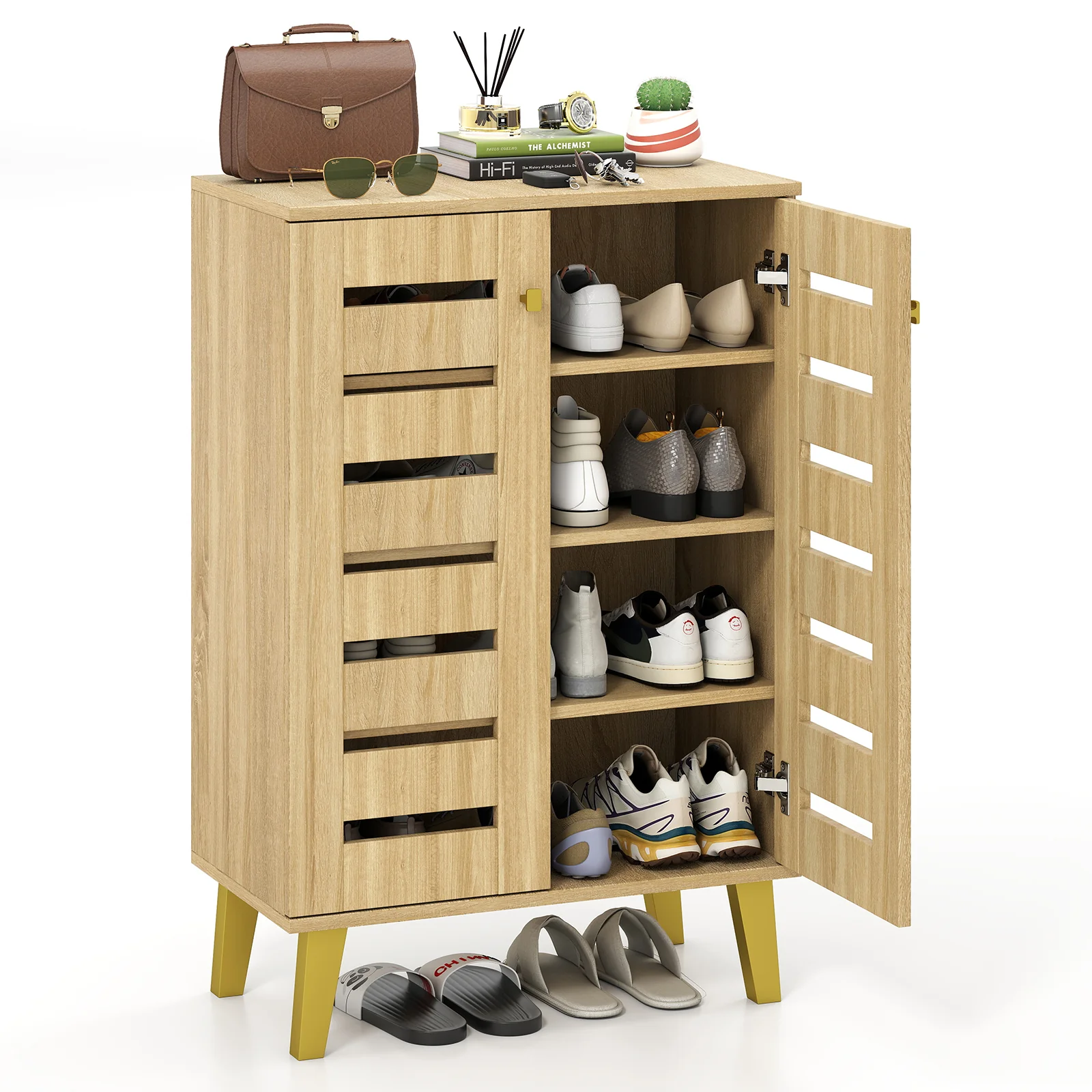 4-Tier Wooden Shoe Cabinet With Doors, Removable Shelves, Oak - Image 5