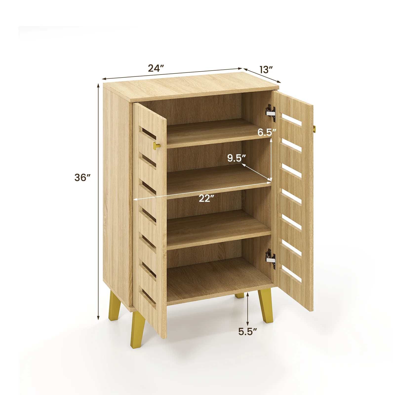 4-Tier Wooden Shoe Cabinet With Doors, Removable Shelves, Oak - Image 6