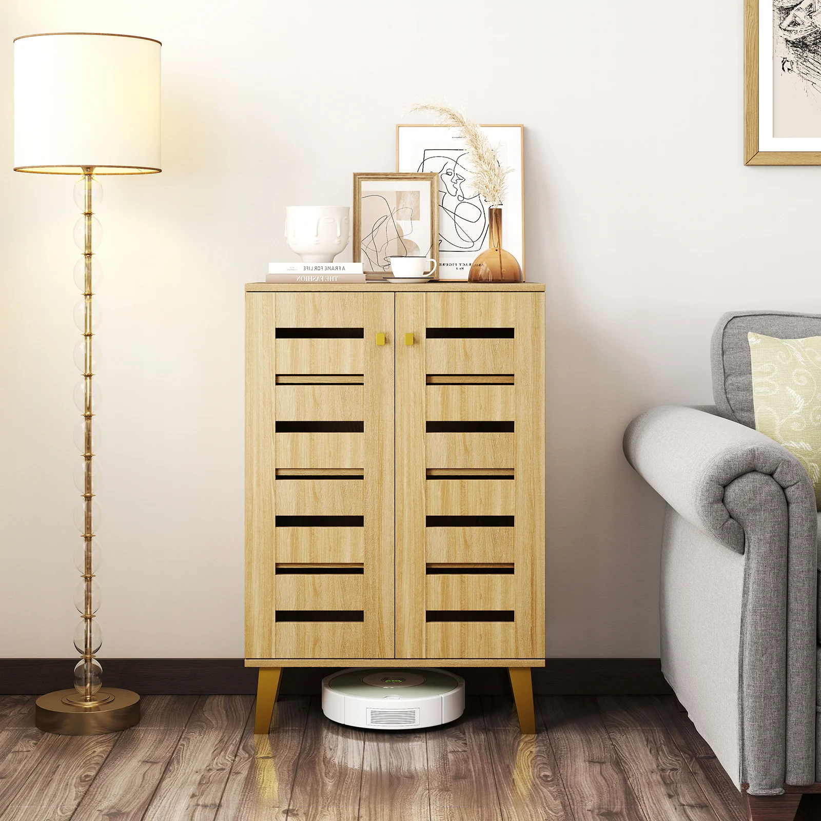 4-Tier Wooden Shoe Cabinet With Doors, Removable Shelves, Oak - Image 7
