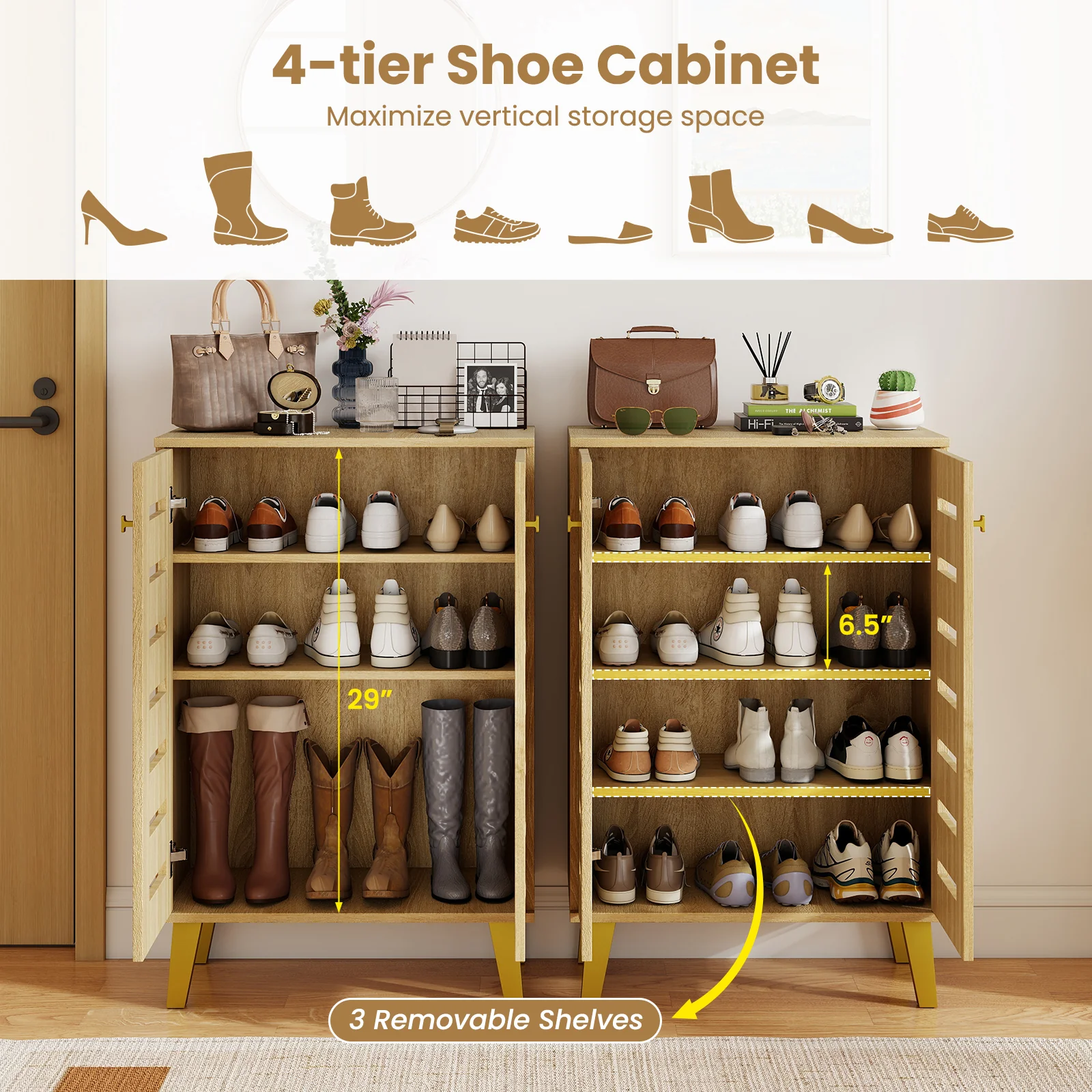 4-Tier Wooden Shoe Cabinet With Doors, Removable Shelves, Oak - Image 8