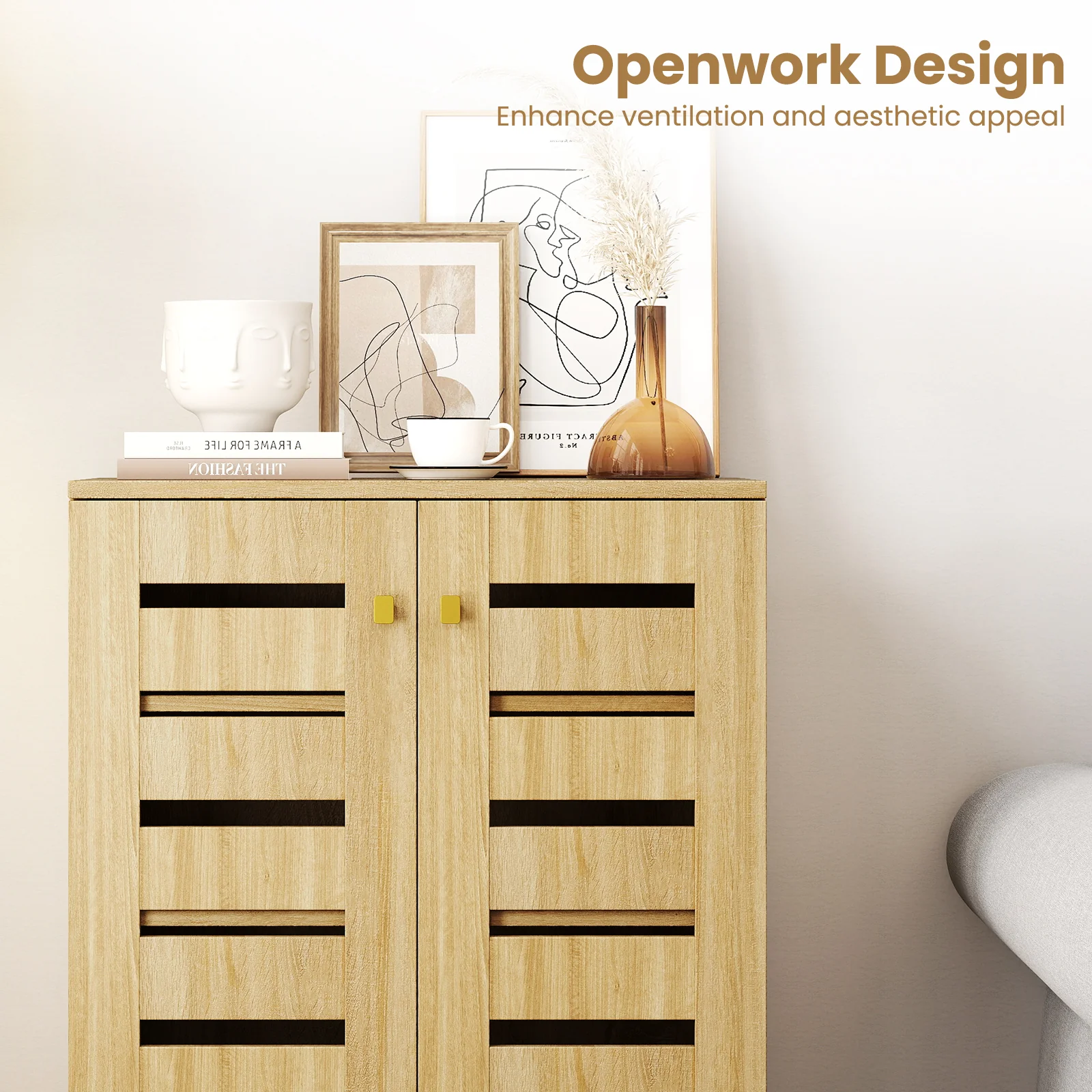 4-Tier Wooden Shoe Cabinet With Doors, Removable Shelves, Oak - Image 9