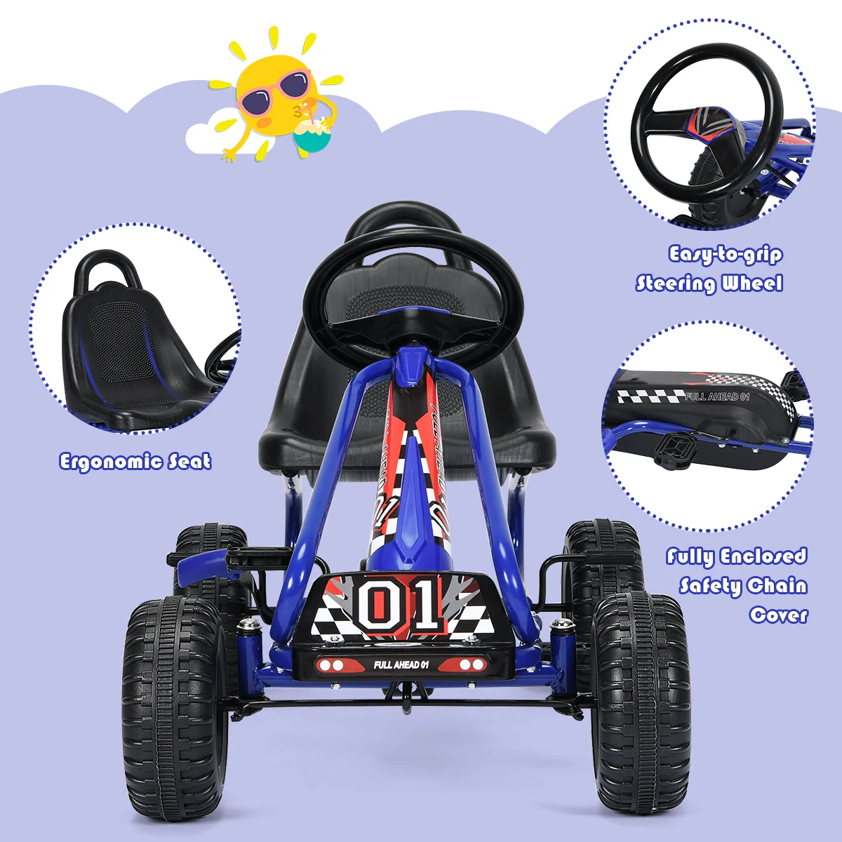 4 Wheel Pedal Powered Ride On, Adjustable Seat, Blue - Image 3