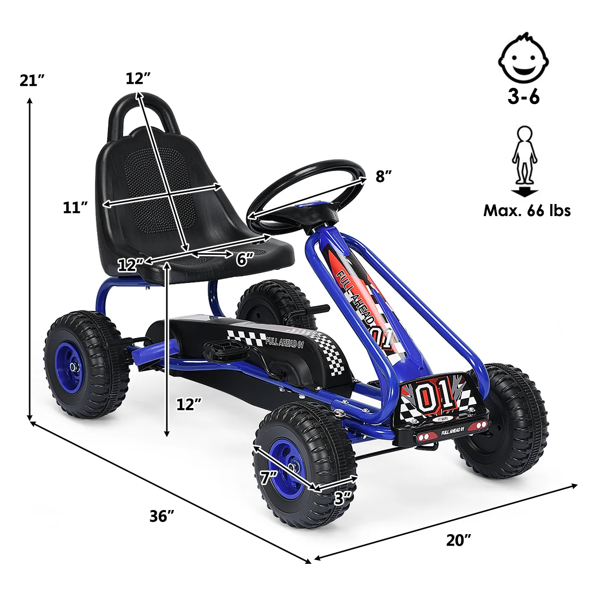 4 Wheel Pedal Powered Ride On, Adjustable Seat, Blue - Image 5