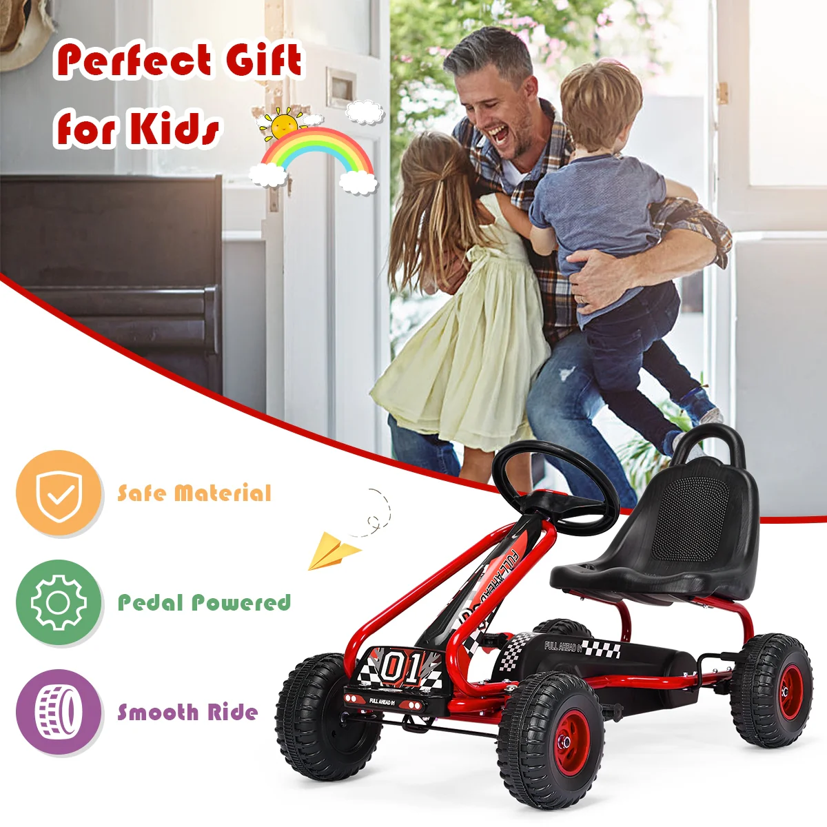 4 Wheel Pedal Ride On, Adjustable Seat, Red - Image 3