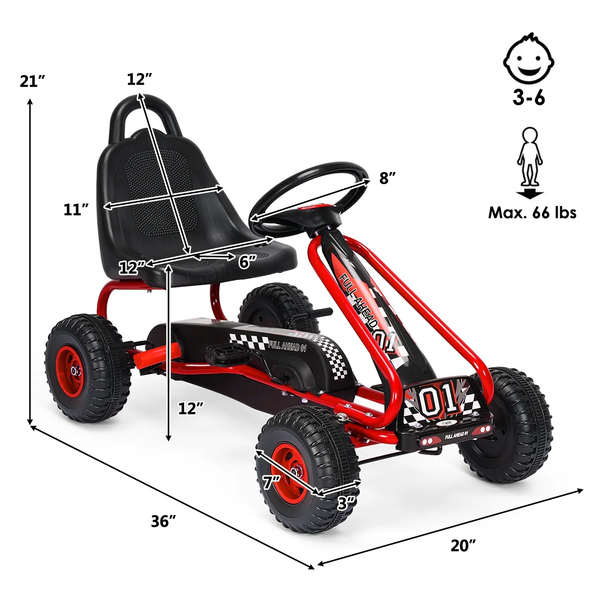 4 Wheel Pedal Ride On, Adjustable Seat, Red - Image 5