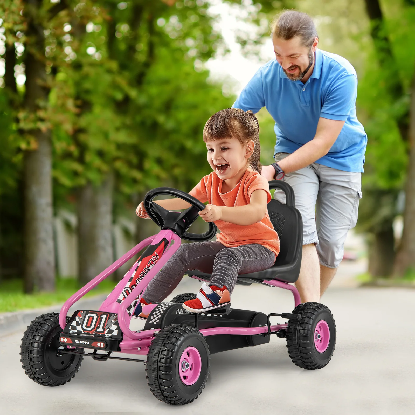 4 Wheel Pedal Ride On Car, Adjustable Seat, Pink - Image 3