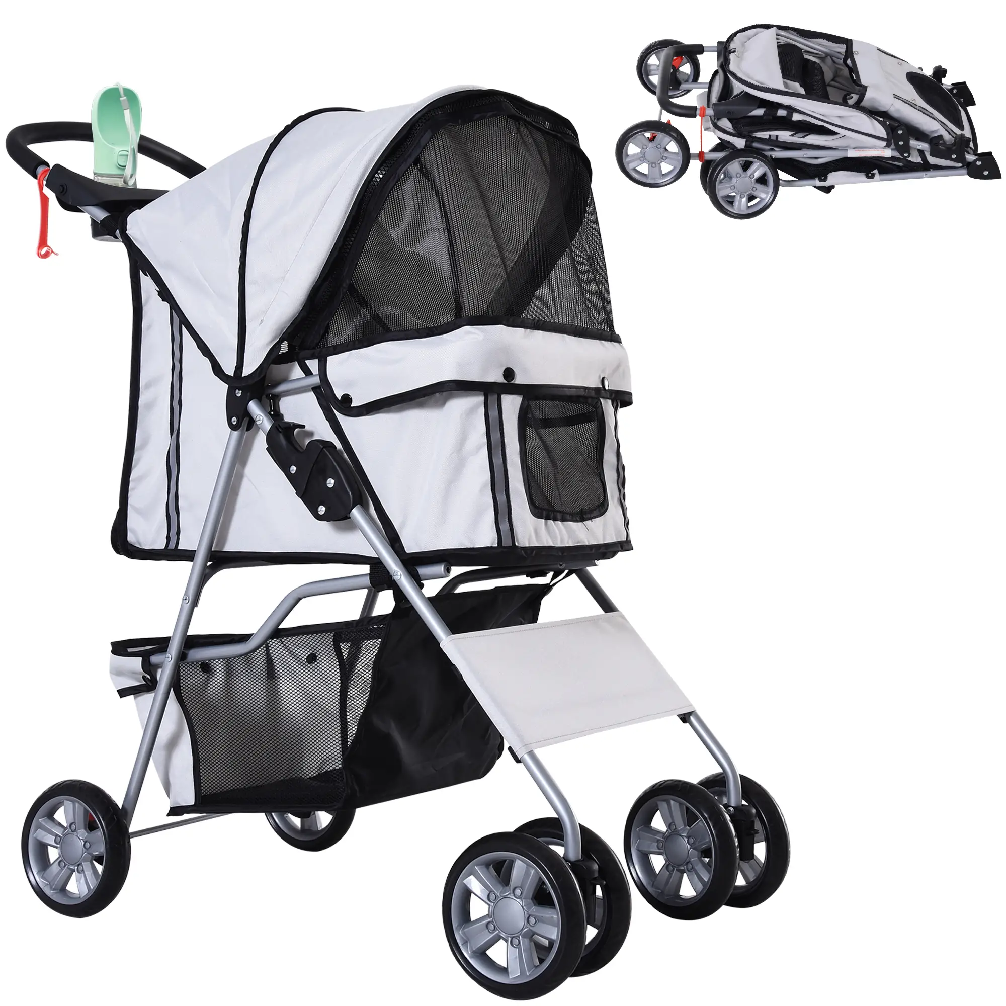 4 Wheel Pet Stroller, Folding Sunshade Canopy, Safety Leash, Cup Holder, Grey