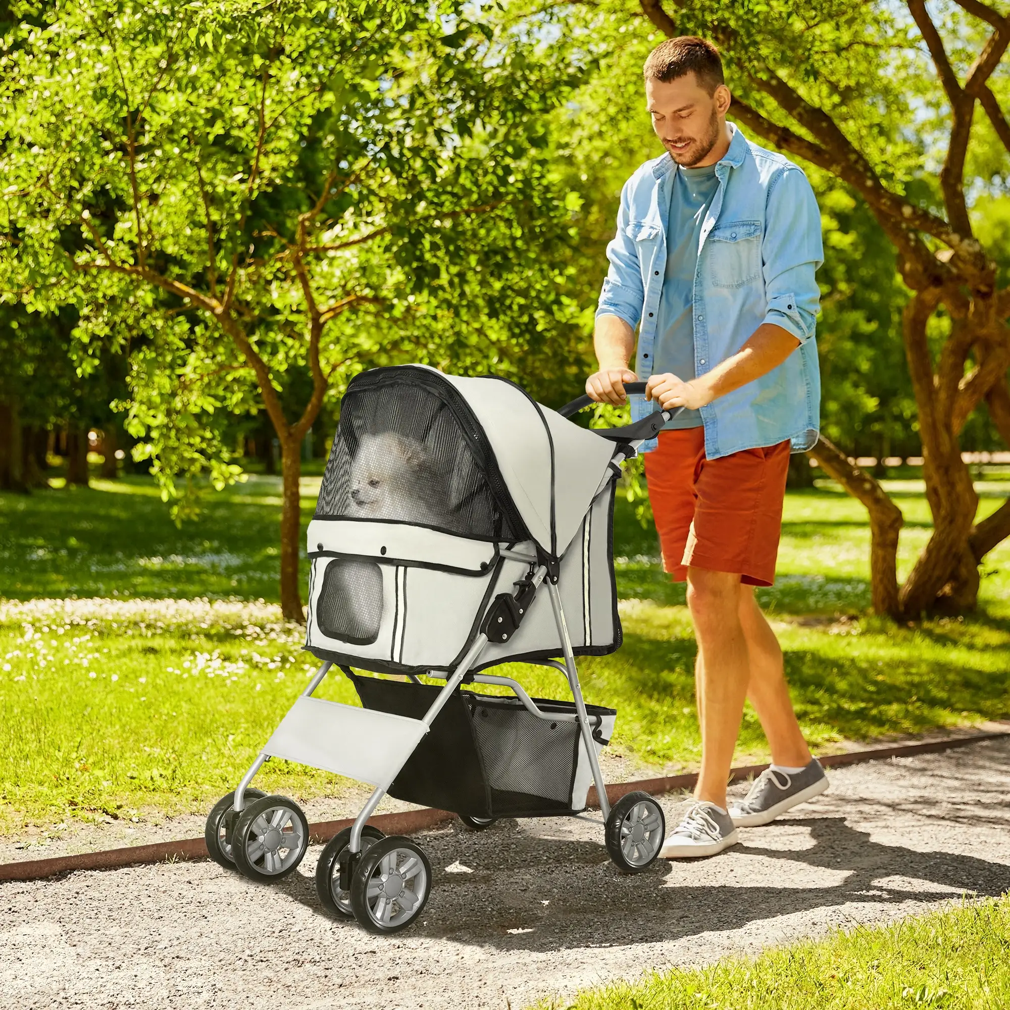 4 Wheel Pet Stroller, Folding Sunshade Canopy, Safety Leash, Cup Holder, Grey - Image 2