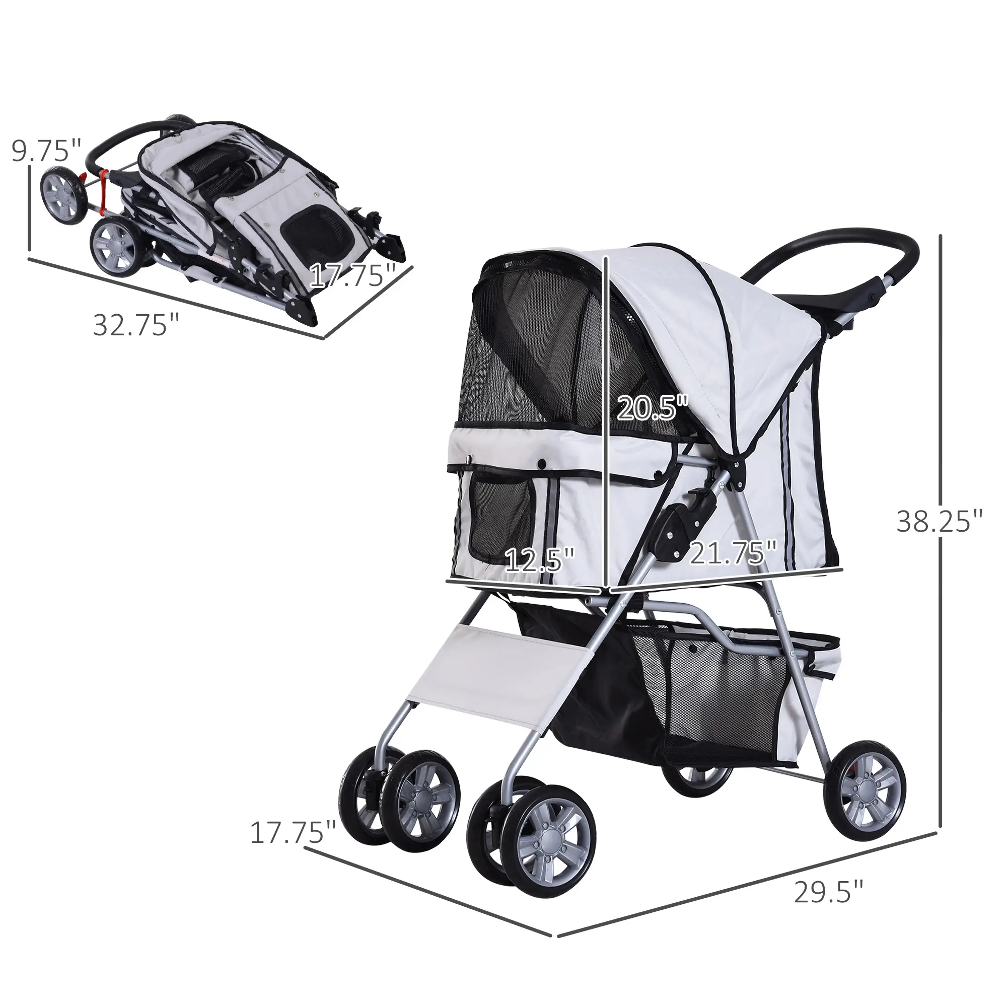 4 Wheel Pet Stroller, Folding Sunshade Canopy, Safety Leash, Cup Holder, Grey - Image 3