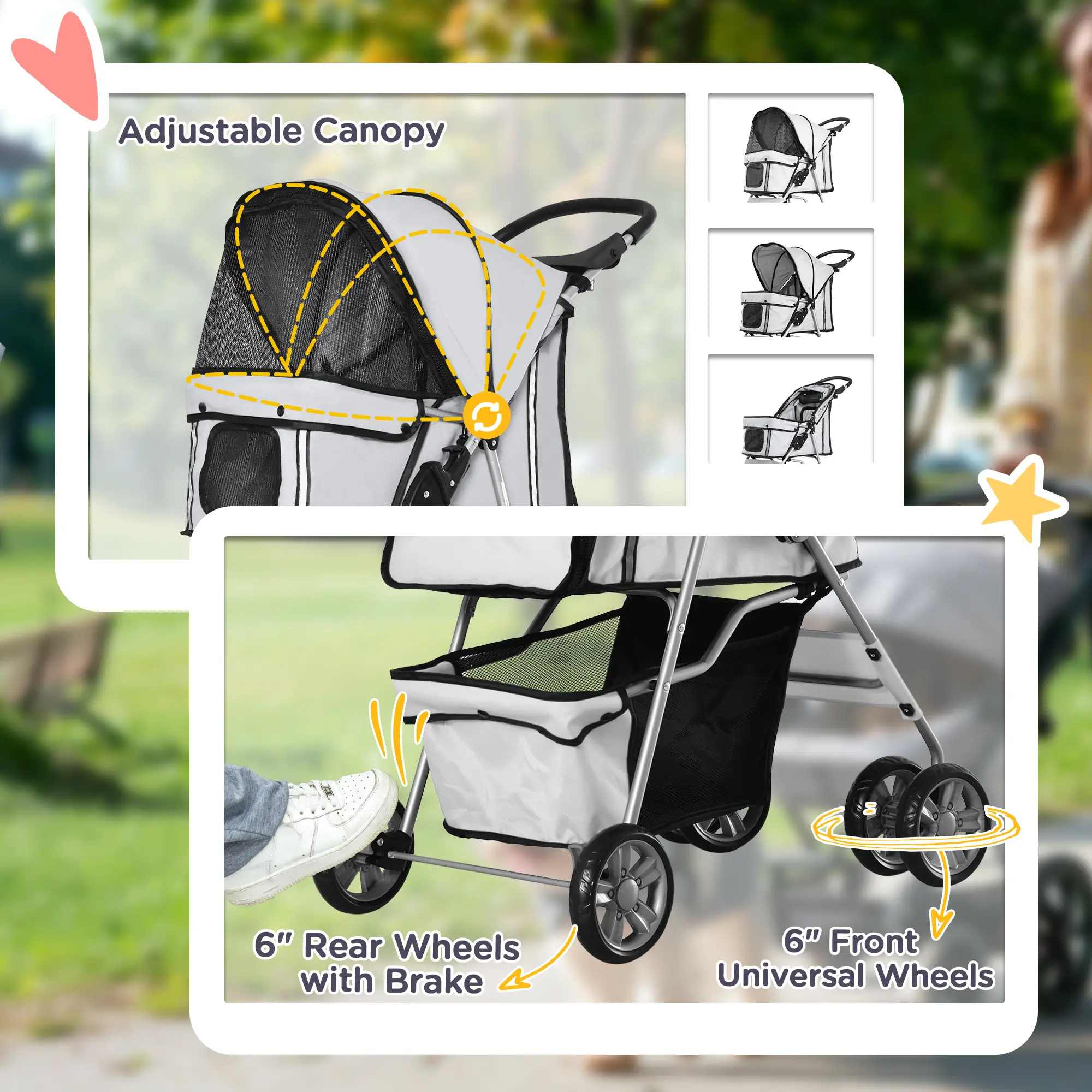 4 Wheel Pet Stroller, Folding Sunshade Canopy, Safety Leash, Cup Holder, Grey - Image 4