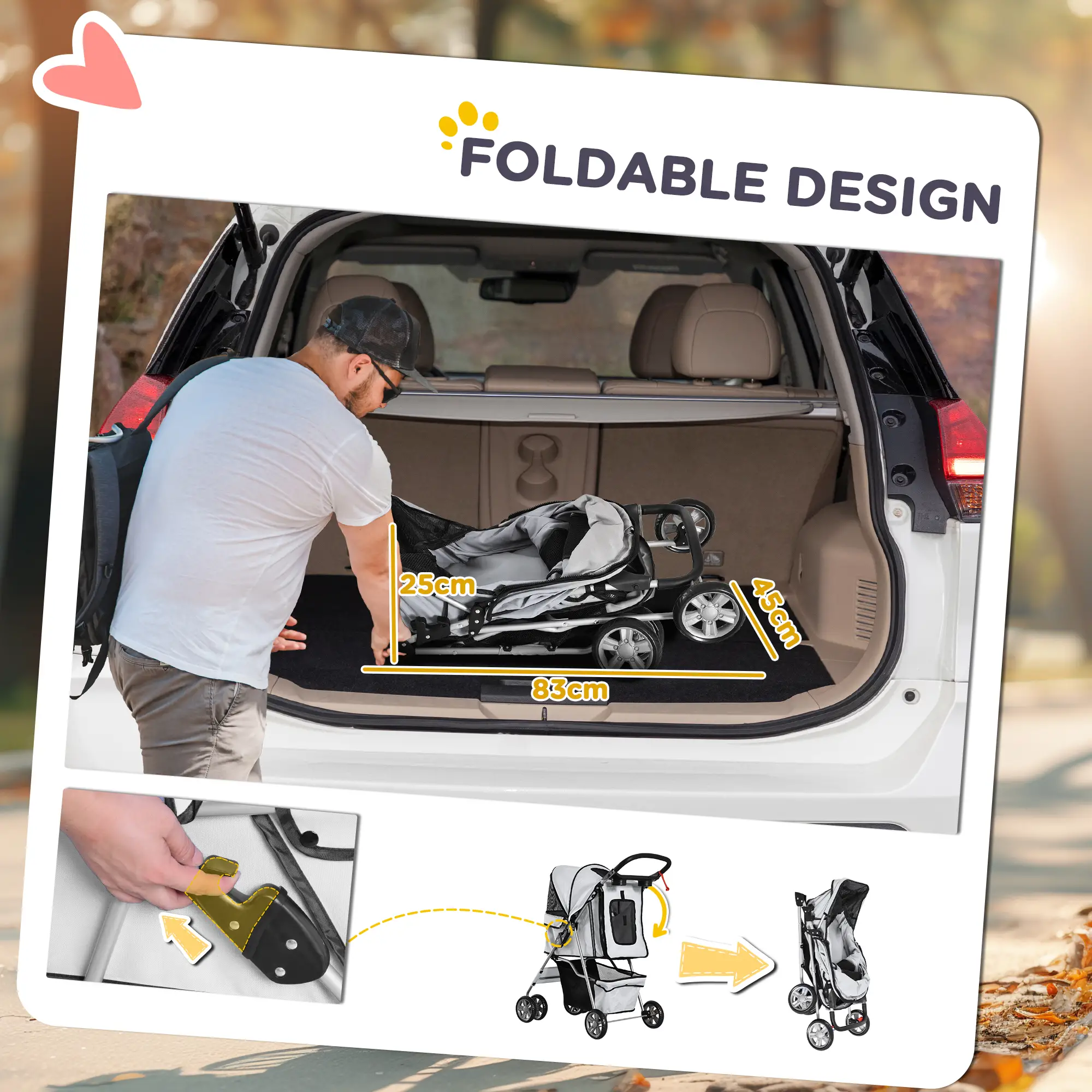 4 Wheel Pet Stroller, Folding Sunshade Canopy, Safety Leash, Cup Holder, Grey - Image 5