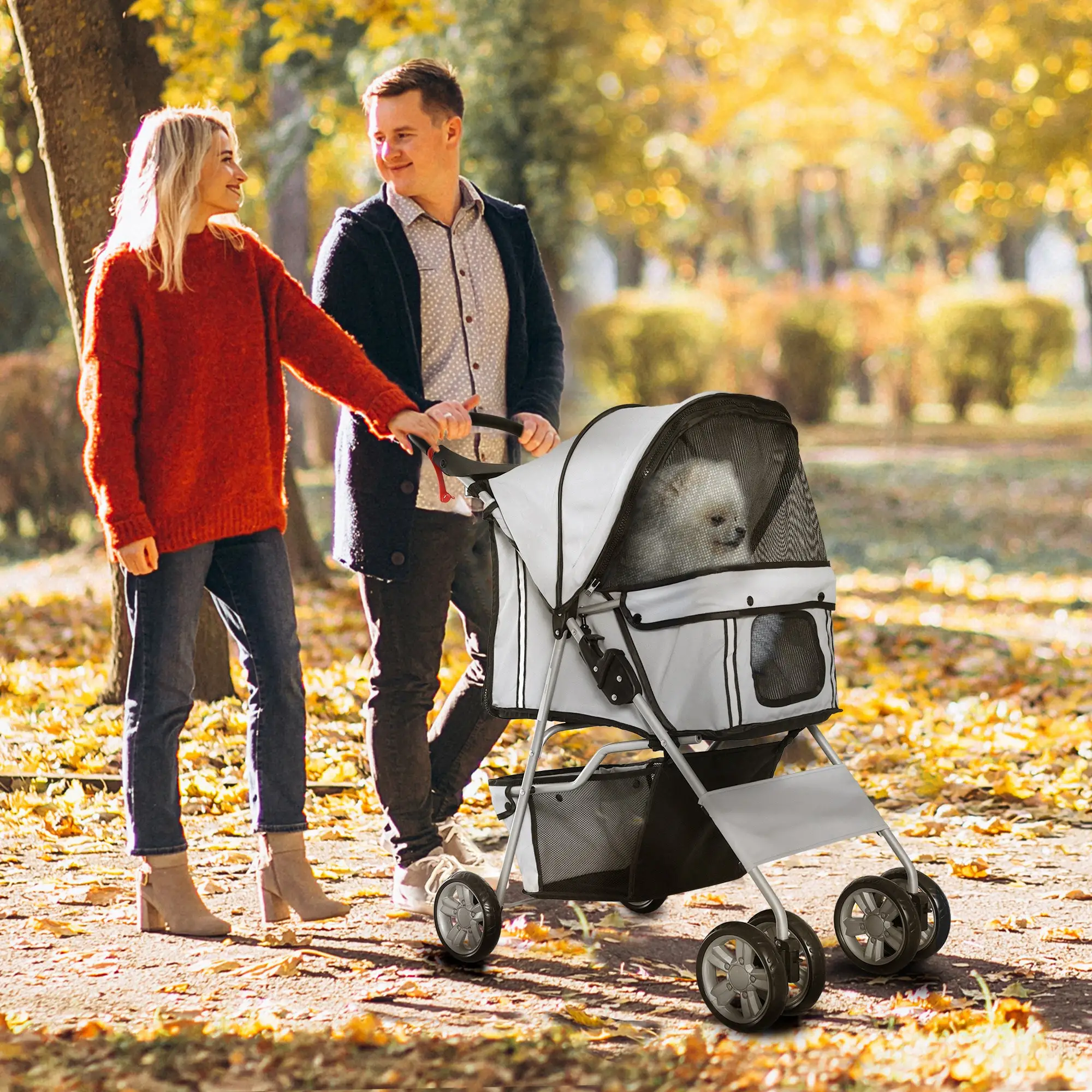 4 Wheel Pet Stroller, Folding Sunshade Canopy, Safety Leash, Cup Holder, Grey - Image 8