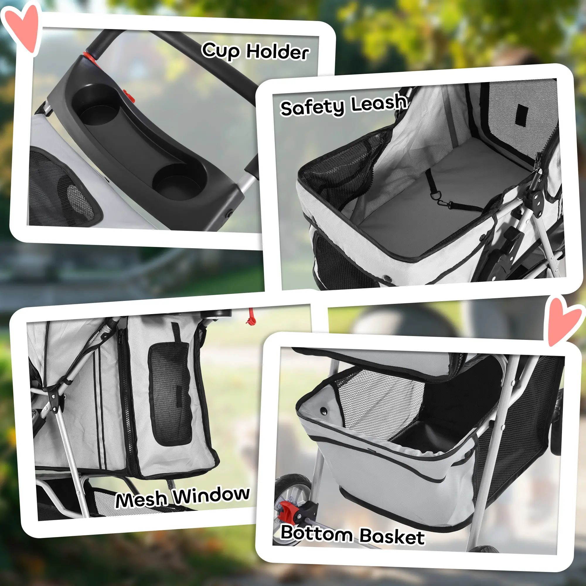 4 Wheel Pet Stroller, Folding Sunshade Canopy, Safety Leash, Cup Holder, Grey - Image 9