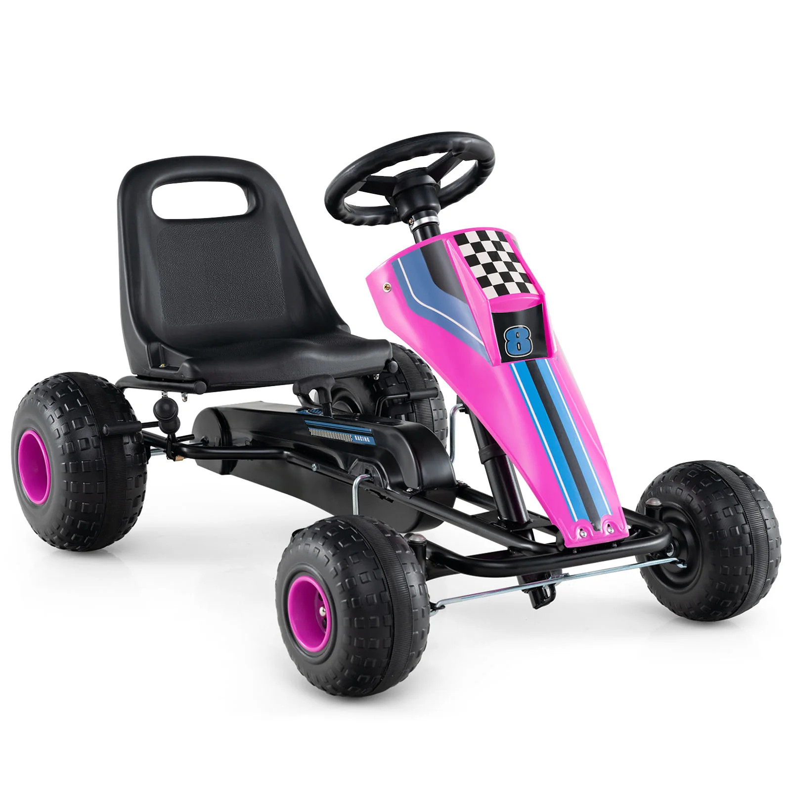 4-Wheel Ride On Toy Pedal Go Kart for Kids with Steering Wheel and Safe Handbrake, Pink