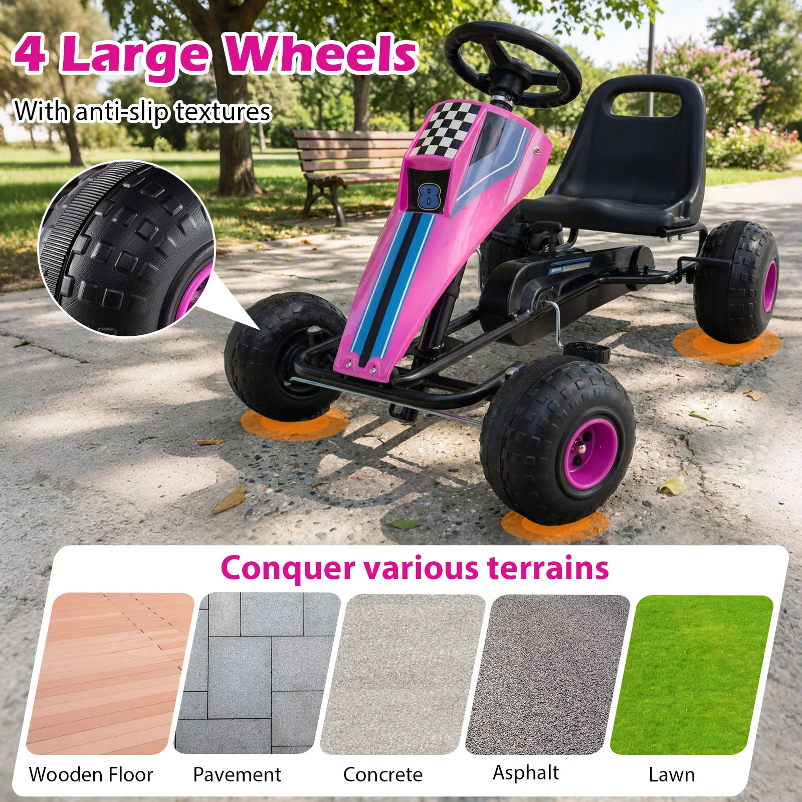 4-Wheel Ride On Toy Pedal Go Kart for Kids with Steering Wheel and Safe Handbrake, Pink - Image 10