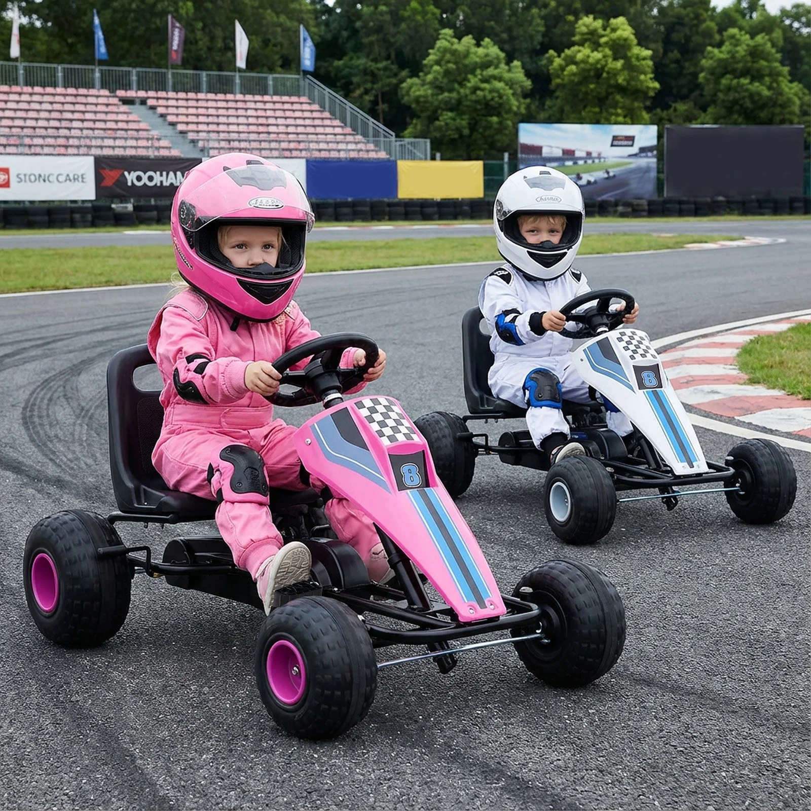 4-Wheel Ride On Toy Pedal Go Kart for Kids with Steering Wheel and Safe Handbrake, Pink - Image 2