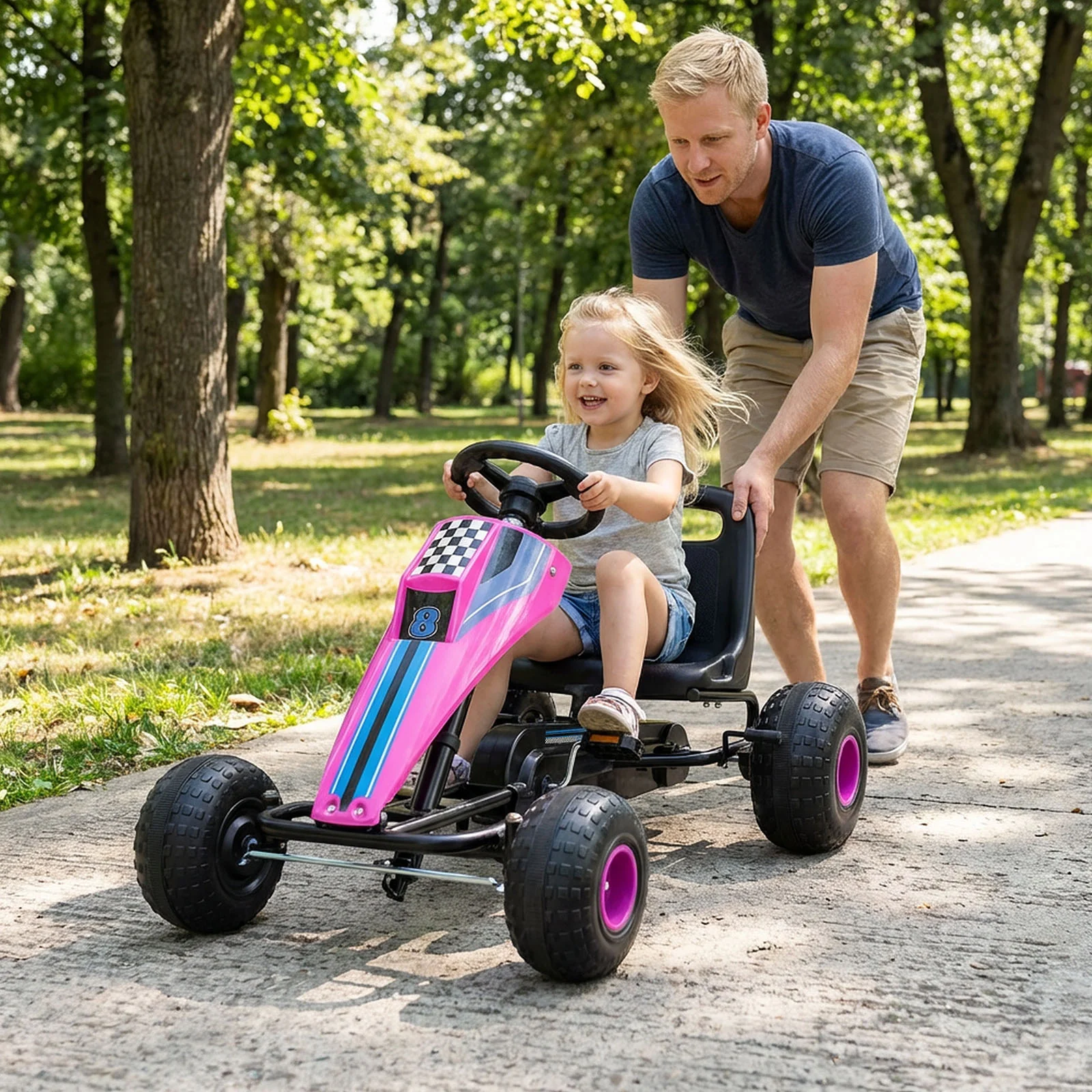 4-Wheel Ride On Toy Pedal Go Kart for Kids with Steering Wheel and Safe Handbrake, Pink - Image 3