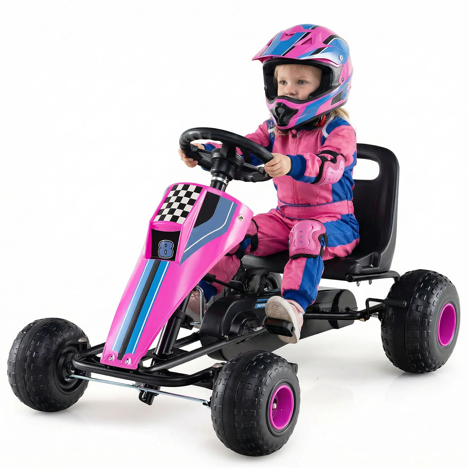 4-Wheel Ride On Toy Pedal Go Kart for Kids with Steering Wheel and Safe Handbrake, Pink - Image 5