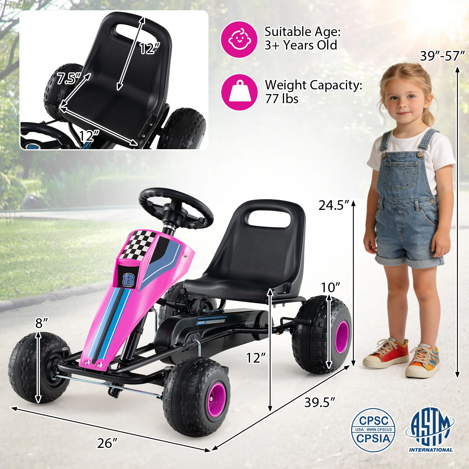 4-Wheel Ride On Toy Pedal Go Kart for Kids with Steering Wheel and Safe Handbrake, Pink - Image 6
