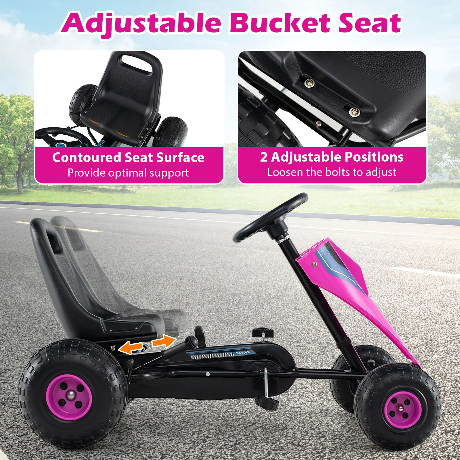 4-Wheel Ride On Toy Pedal Go Kart for Kids with Steering Wheel and Safe Handbrake, Pink - Image 7