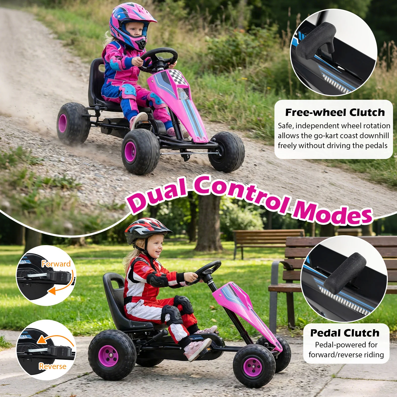 4-Wheel Ride On Toy Pedal Go Kart for Kids with Steering Wheel and Safe Handbrake, Pink - Image 8
