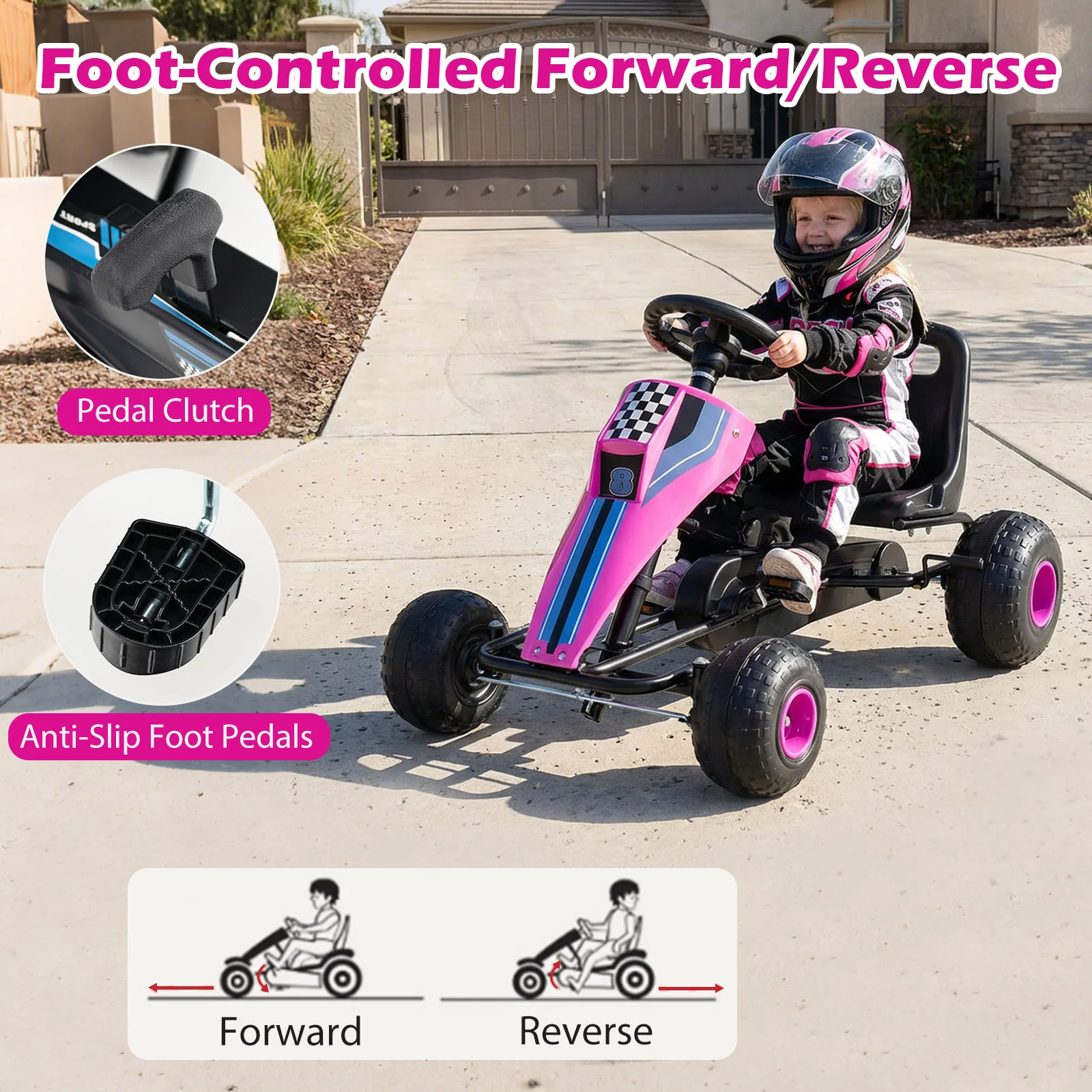 4-Wheel Ride On Toy Pedal Go Kart for Kids with Steering Wheel and Safe Handbrake, Pink - Image 9