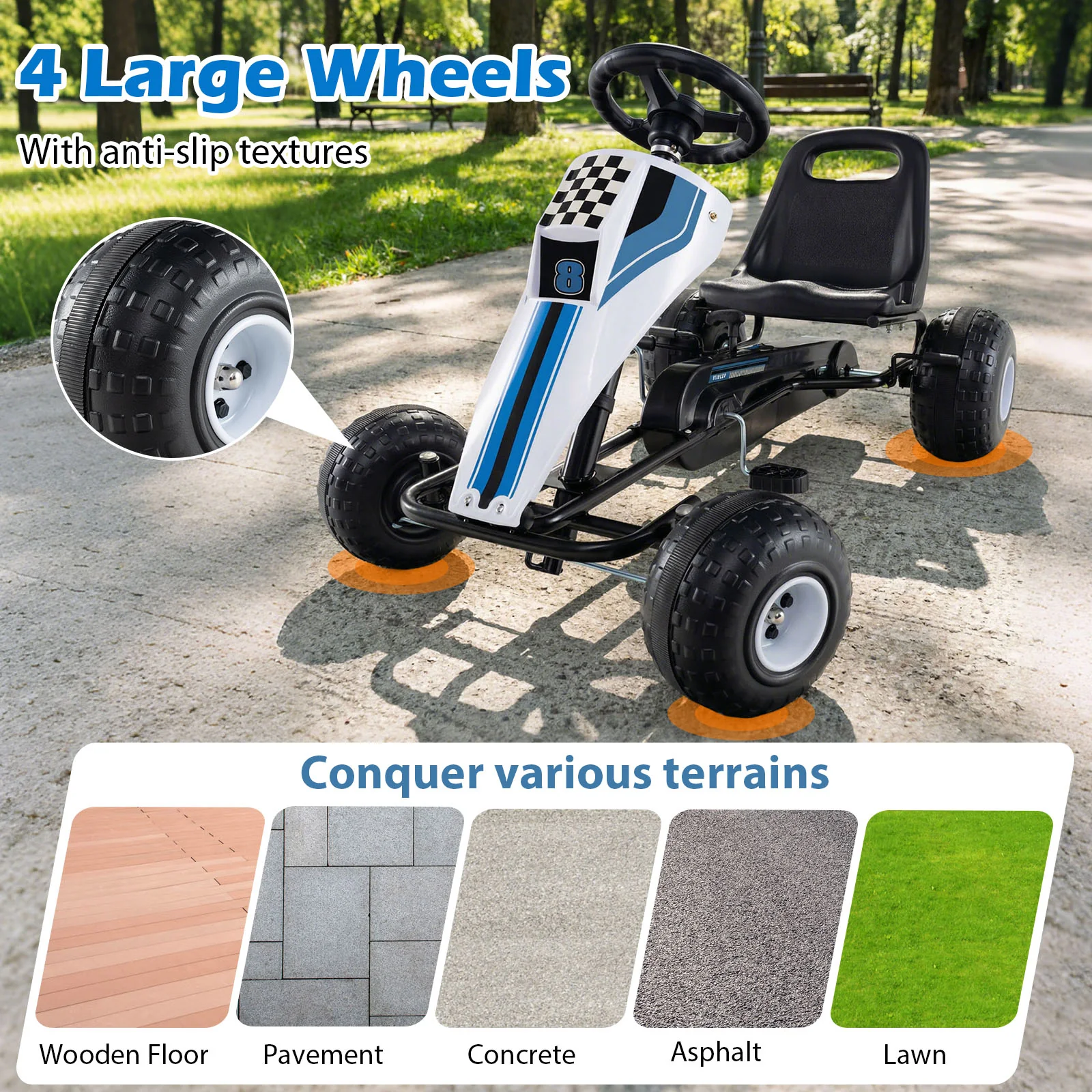 4-Wheel Ride On Toy Pedal Go Kart for Kids with Steering Wheel and Safe Handbrake, White - Image 10