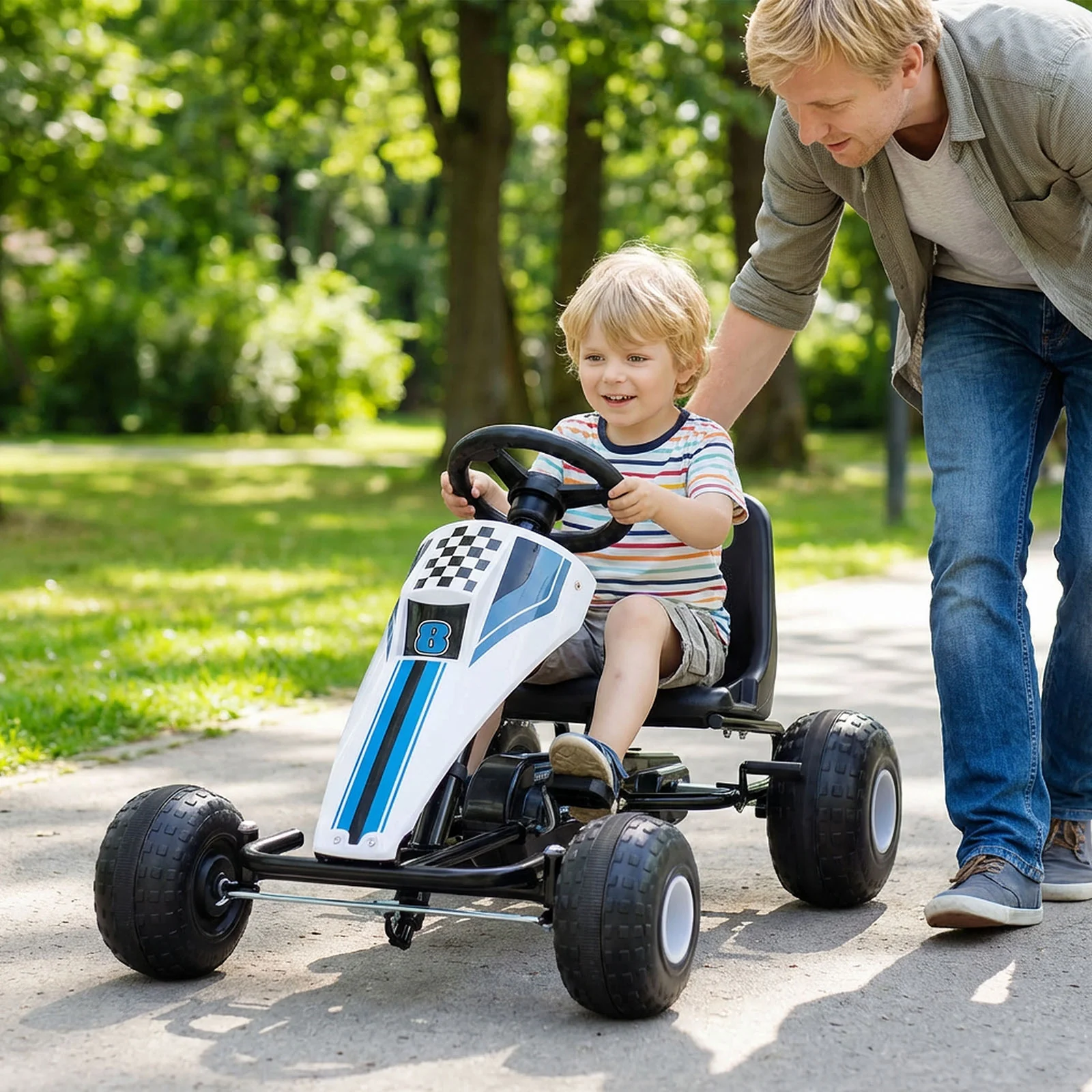 4-Wheel Ride On Toy Pedal Go Kart for Kids with Steering Wheel and Safe Handbrake, White - Image 2