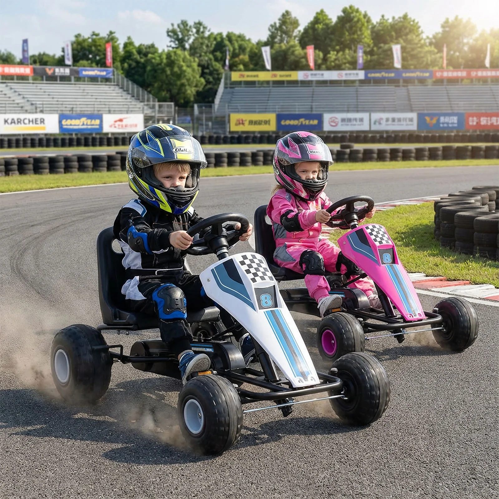 4-Wheel Ride On Toy Pedal Go Kart for Kids with Steering Wheel and Safe Handbrake, White - Image 3