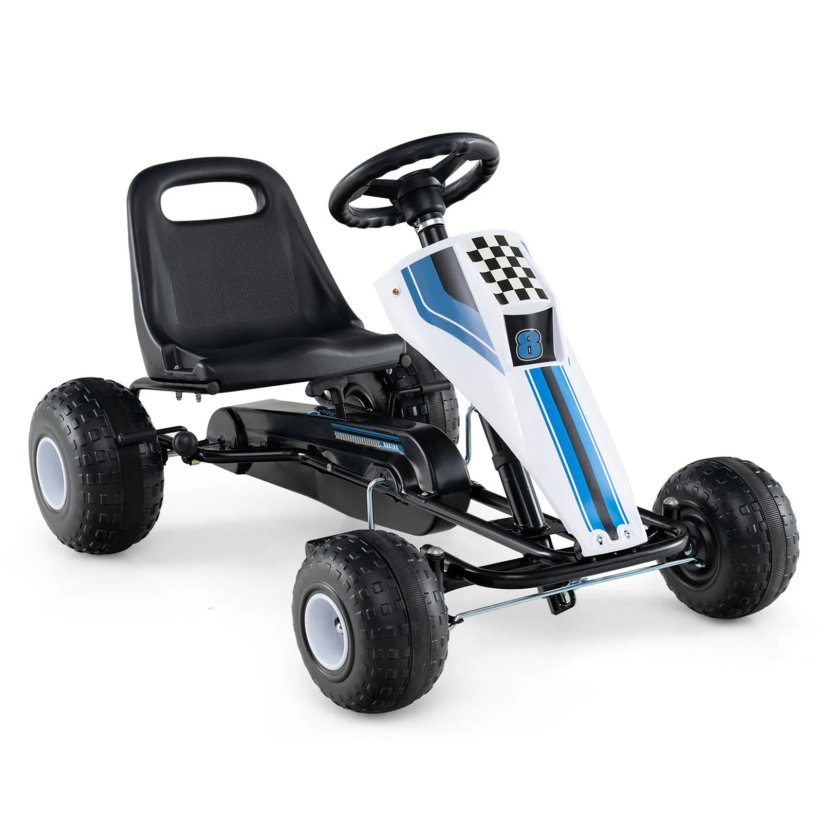 4-Wheel Ride On Toy Pedal Go Kart for Kids with Steering Wheel and Safe Handbrake, White - Image 4