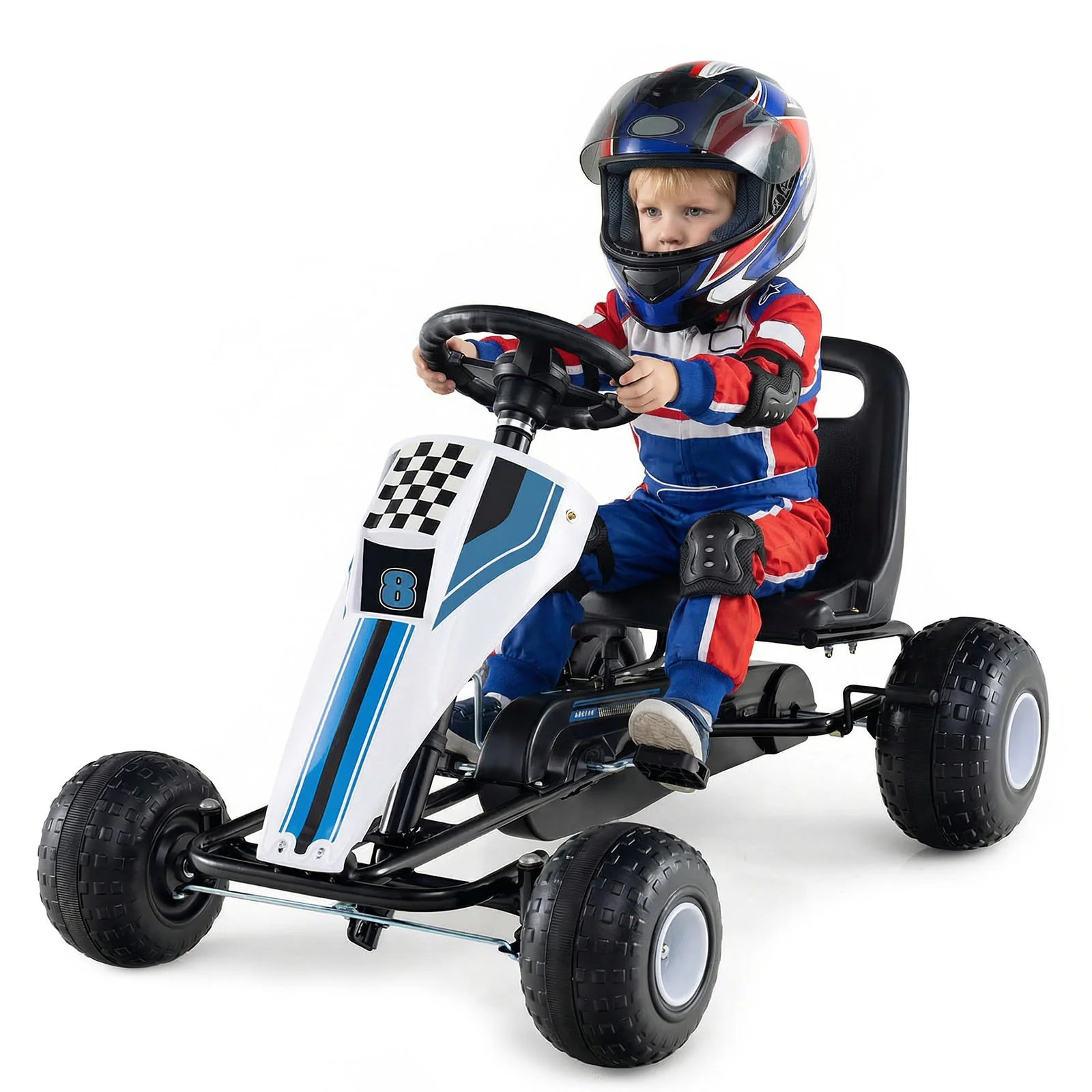 4-Wheel Ride On Toy Pedal Go Kart for Kids with Steering Wheel and Safe Handbrake, White - Image 5