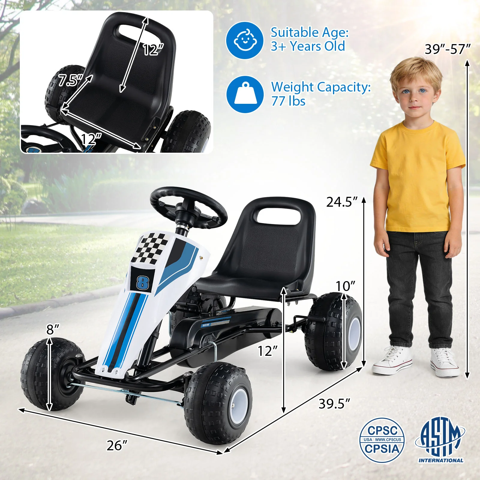 4-Wheel Ride On Toy Pedal Go Kart for Kids with Steering Wheel and Safe Handbrake, White - Image 6